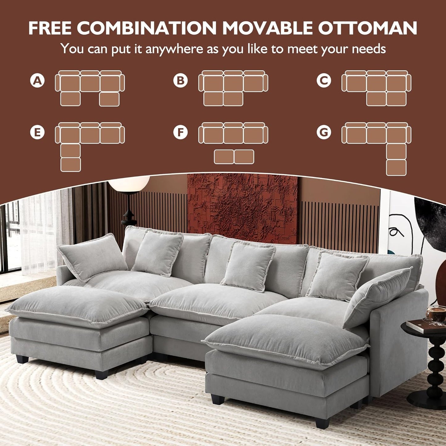 146" U-Shaped Modern Sofa Modular Sectional Cloud Couch