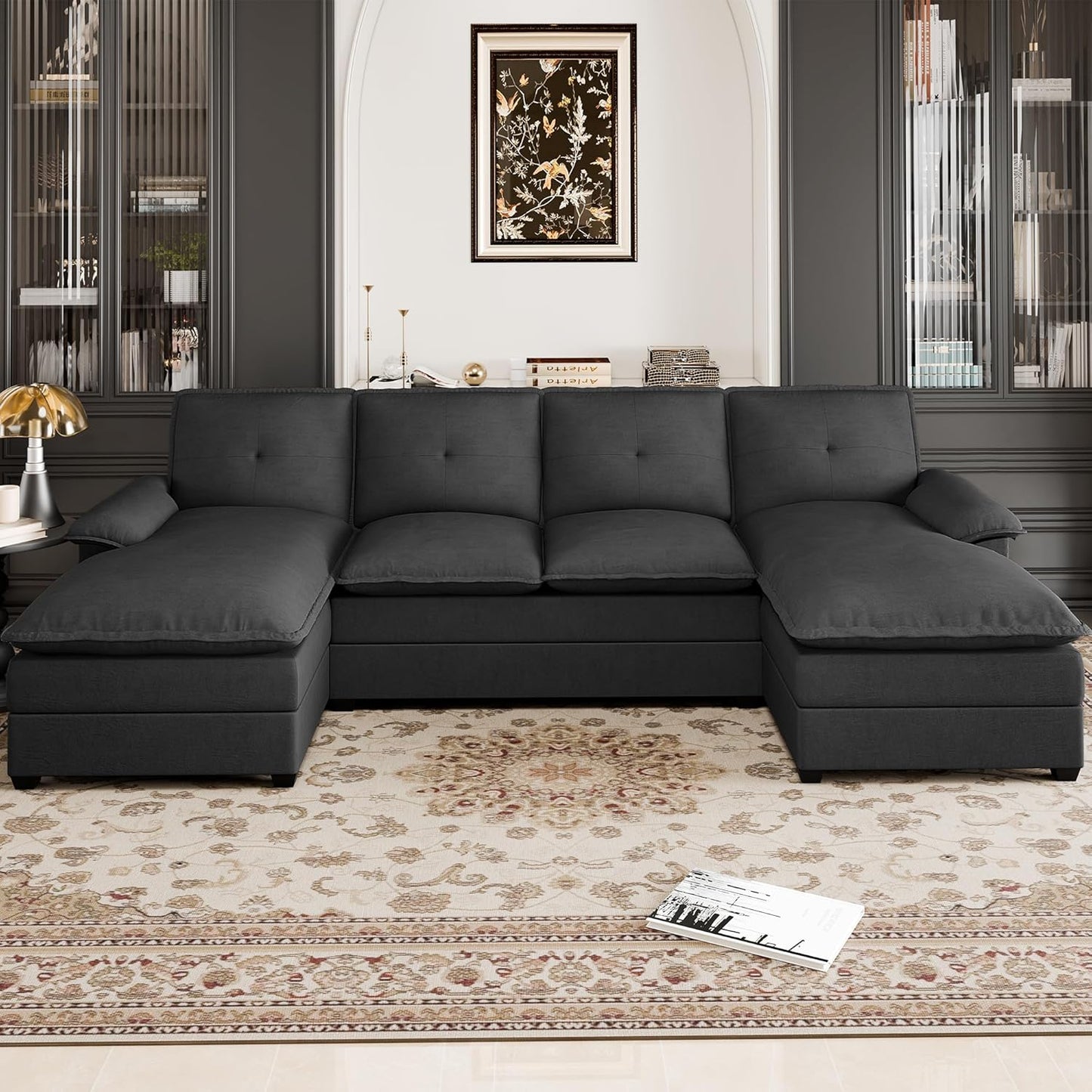 110 Inch U Shaped Sectional Sofa with Double Chaise Black