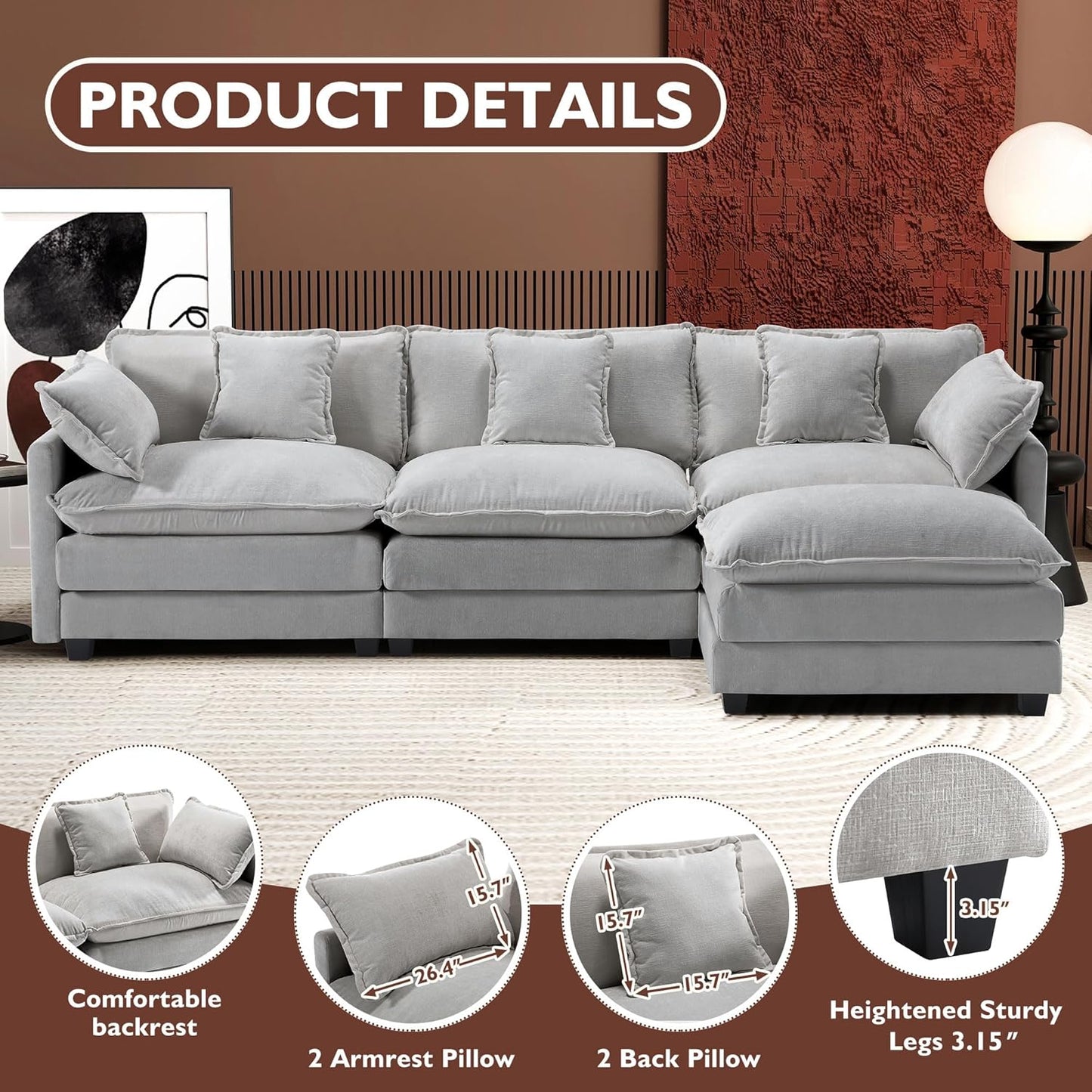 146" U-Shaped Modern Sofa Modular Sectional Cloud Couch