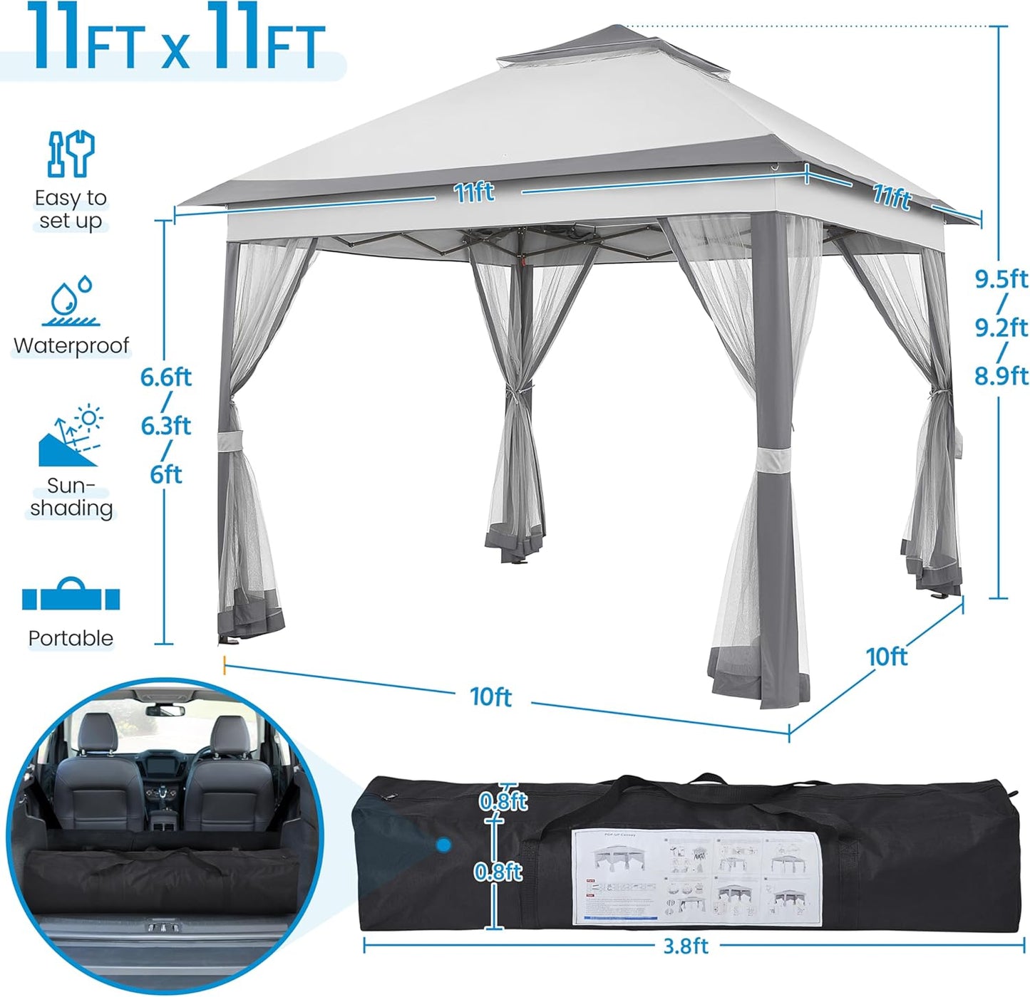11x11 Pop Up Gazebo Canopy Tent with Mesh Netting and Sandbags