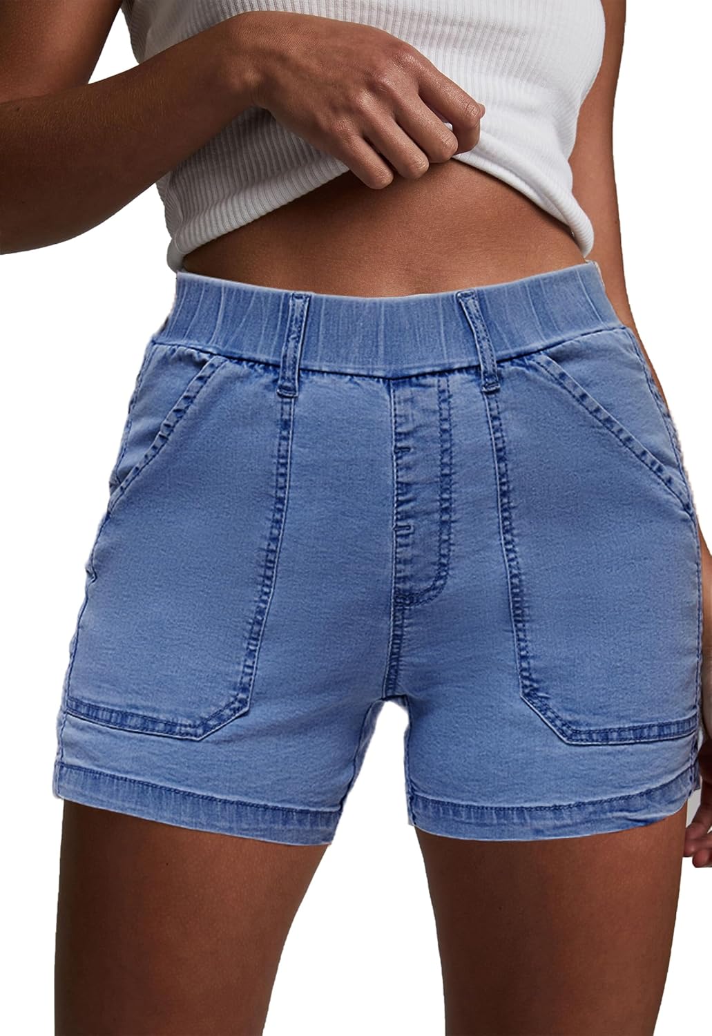 Womens Jean Shorts High Waisted Summer Cotton Elastic Waist Denim Shorts with Pockets