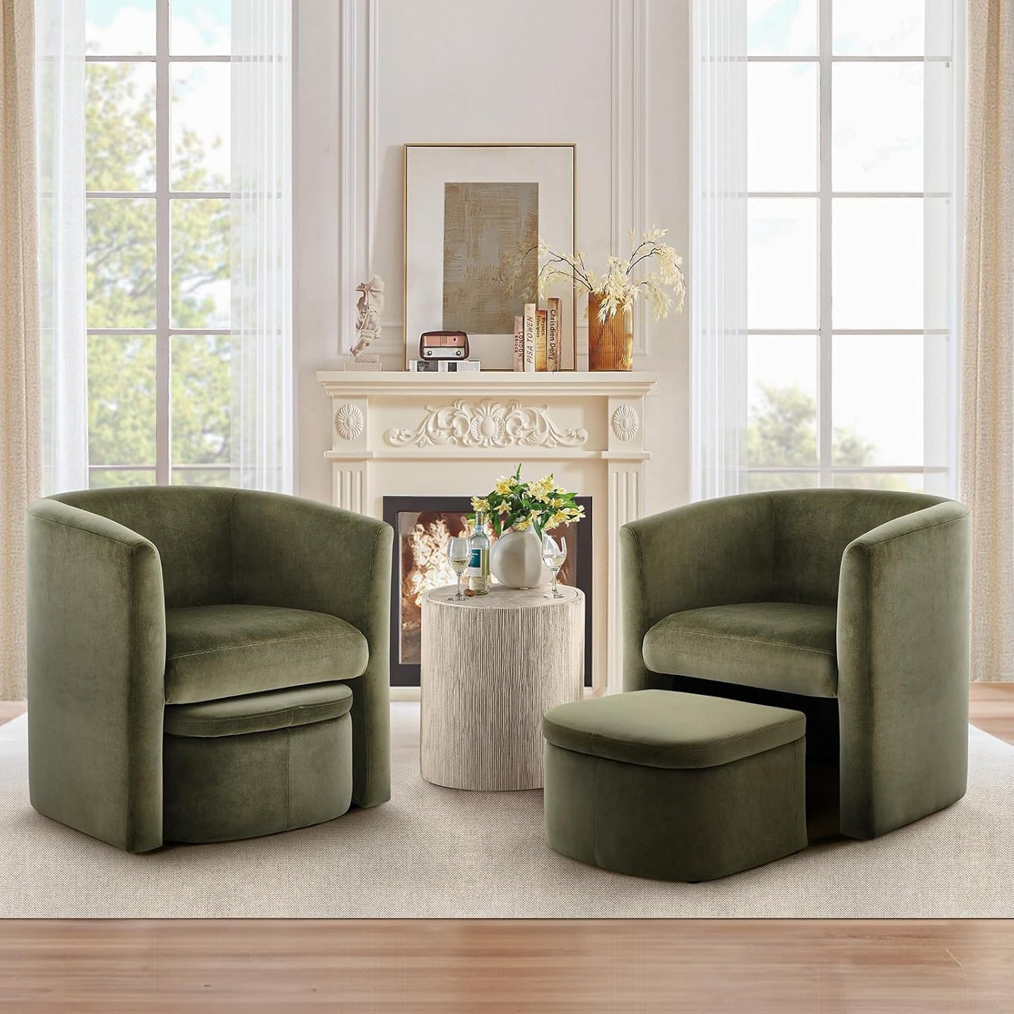 COLAMY Upholstered Velvet Barrel Accent Chair with Storage Ottoman