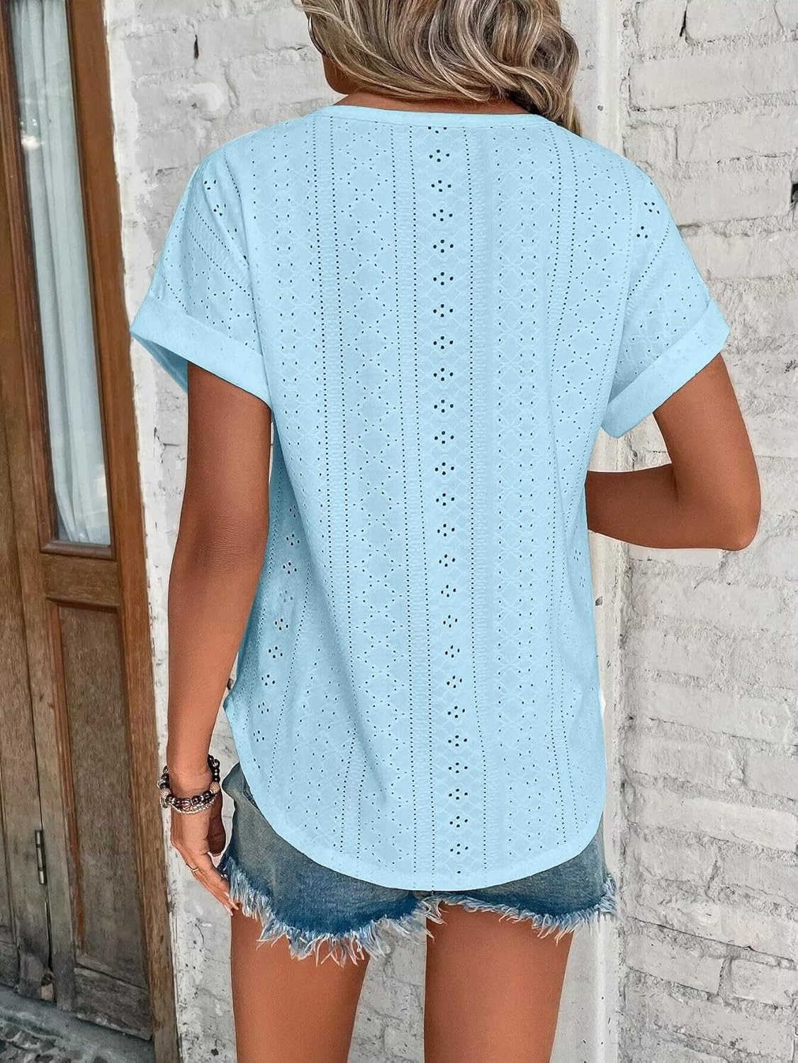 Womens Tops Eyelet Embroidery Summer Spring Curved Hem Short Sleeve Trendy T Shirts