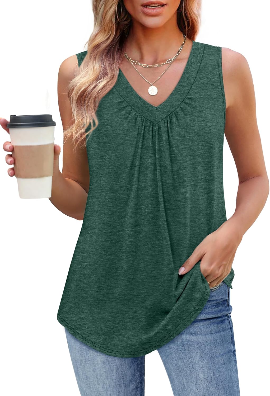 Womens V Neck Tank Top Loose Fit Sleeveless Summer Shirt Ruched Tees and Tanks with Curved Hem