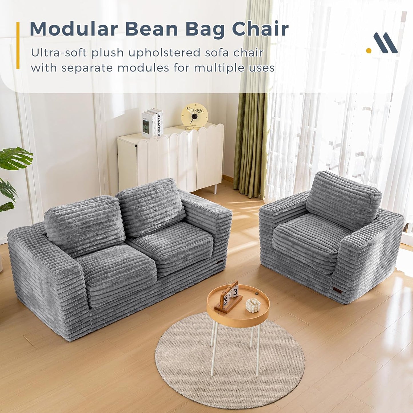 Plush Giant Bean Bag Sofa for Adults Floor Loveseat Chair with Armrests White