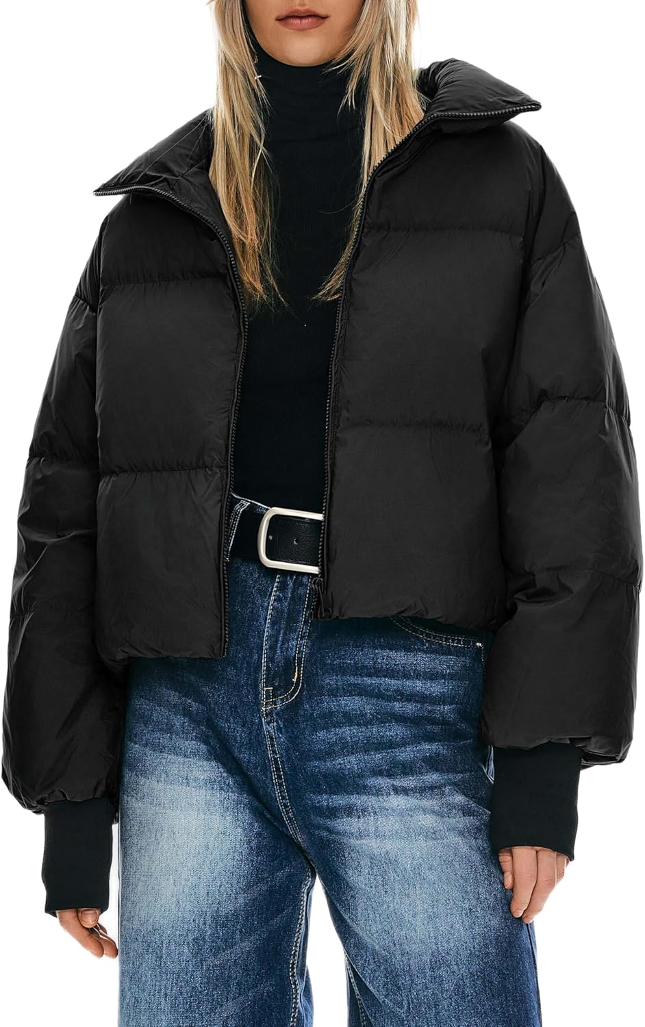 Womens Winter Oversized Cropped Puffer Jacket Zip Up Short Down Coat