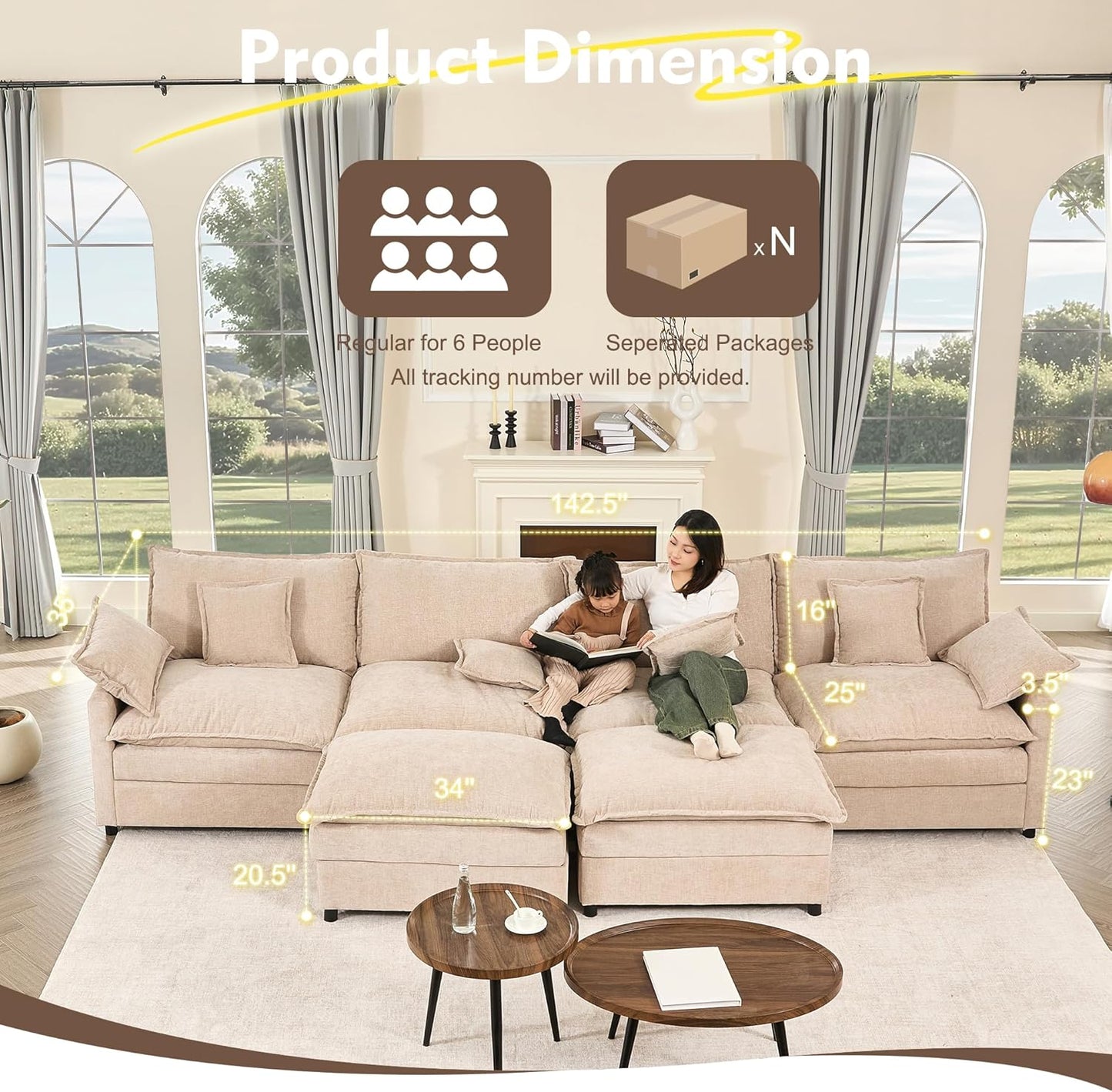 108" U Shaped Couch Modular Sectional Sofa