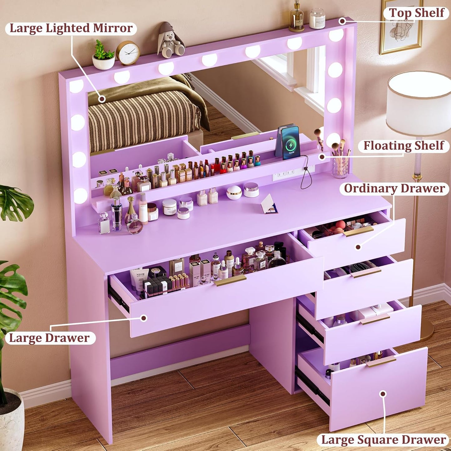 Vanity Desk with Mirror and Lights 39.3in Makeup Vanity with Large Mirror