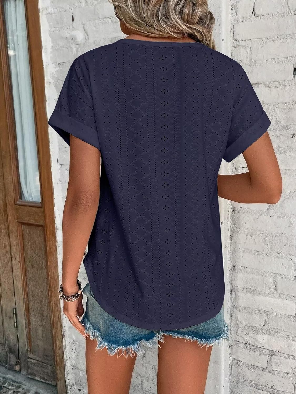 Womens Tops Eyelet Embroidery Summer Spring Curved Hem Short Sleeve Trendy T Shirts