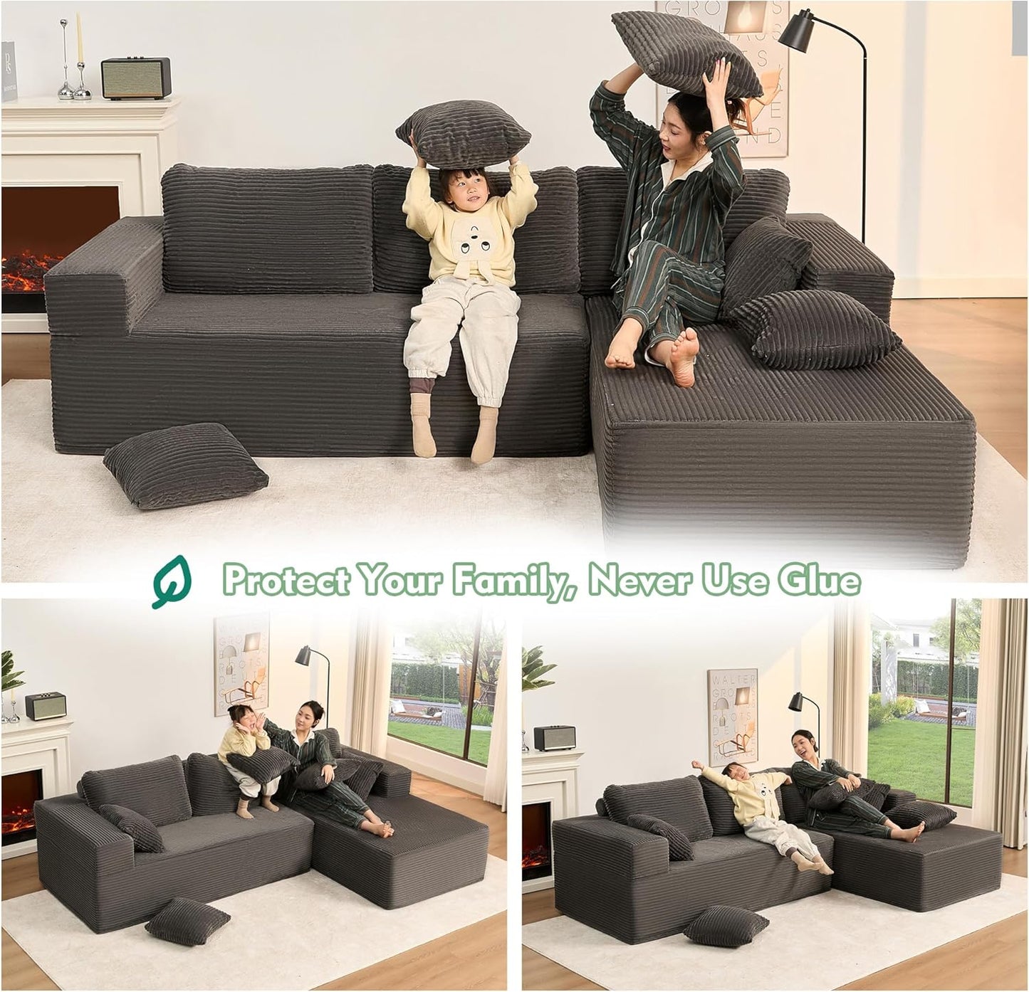 107" Boneless Couch with Deep Seat Cloud Sectional Couch for Living Room