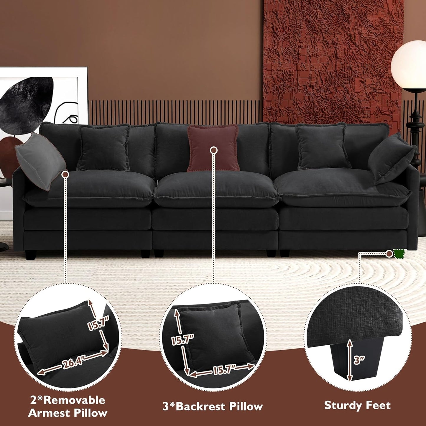 146" U-Shaped Modern Sofa Modular Sectional Cloud Couch