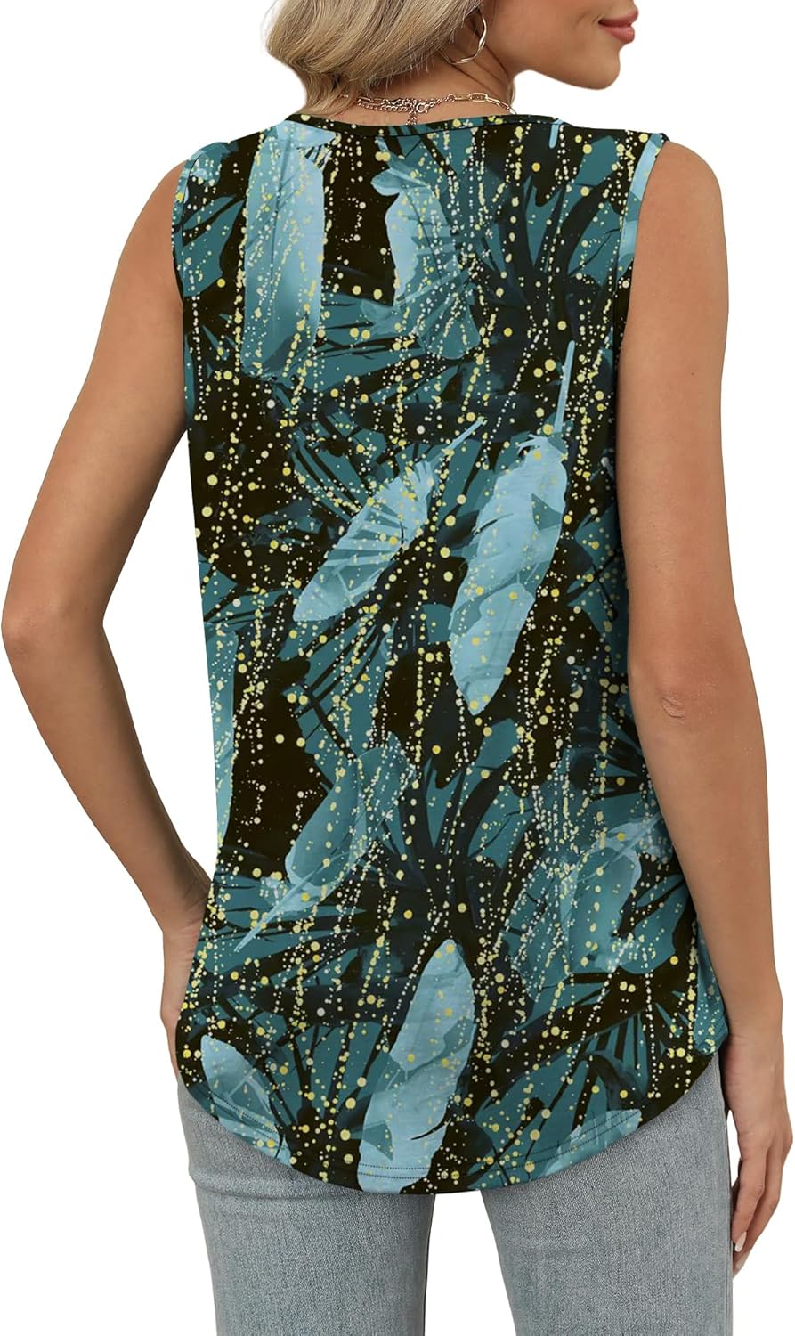 Womens V Neck Tank Top Loose Fit Sleeveless Summer Shirt Ruched Tees and Tanks with Curved Hem