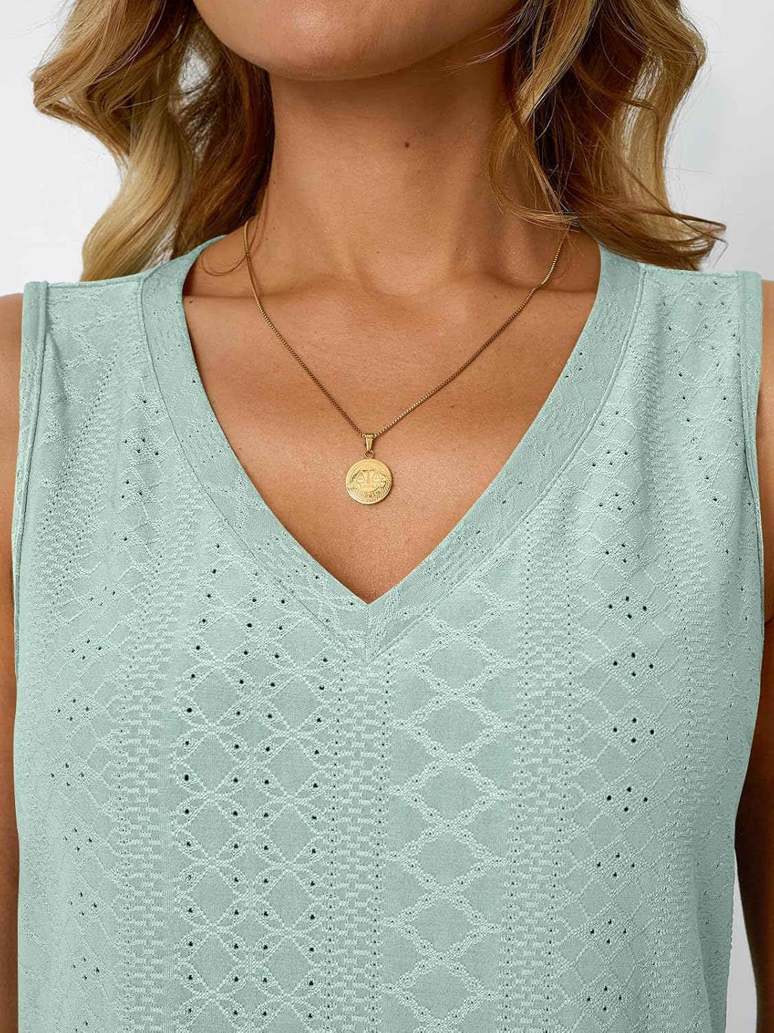 Womens Summer Tank Top Eyelet Embroidery V Neck Sleeveless Loose Fit Casual Shirt