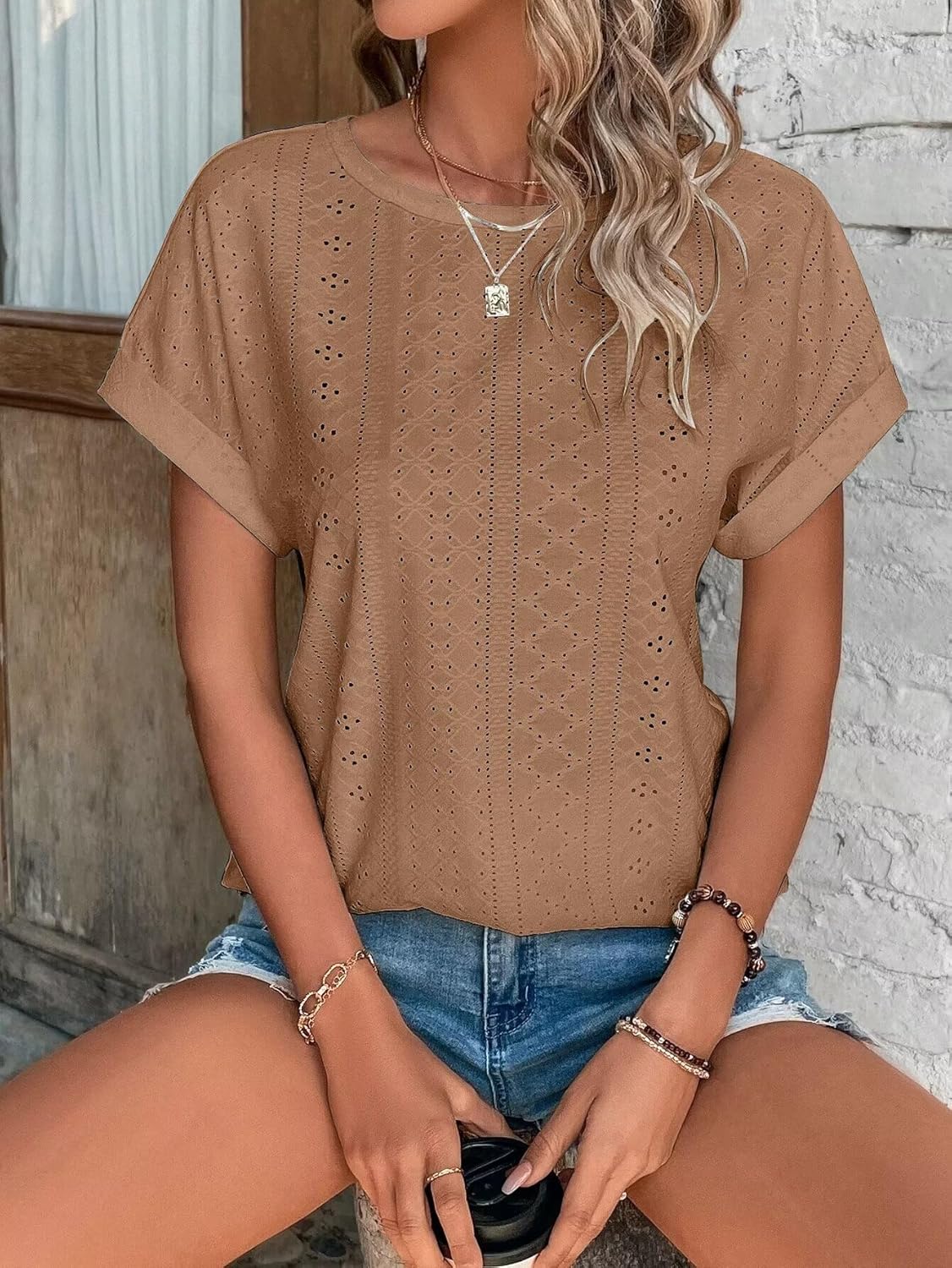 Womens Tops Eyelet Embroidery Summer Spring Curved Hem Short Sleeve Trendy T Shirts