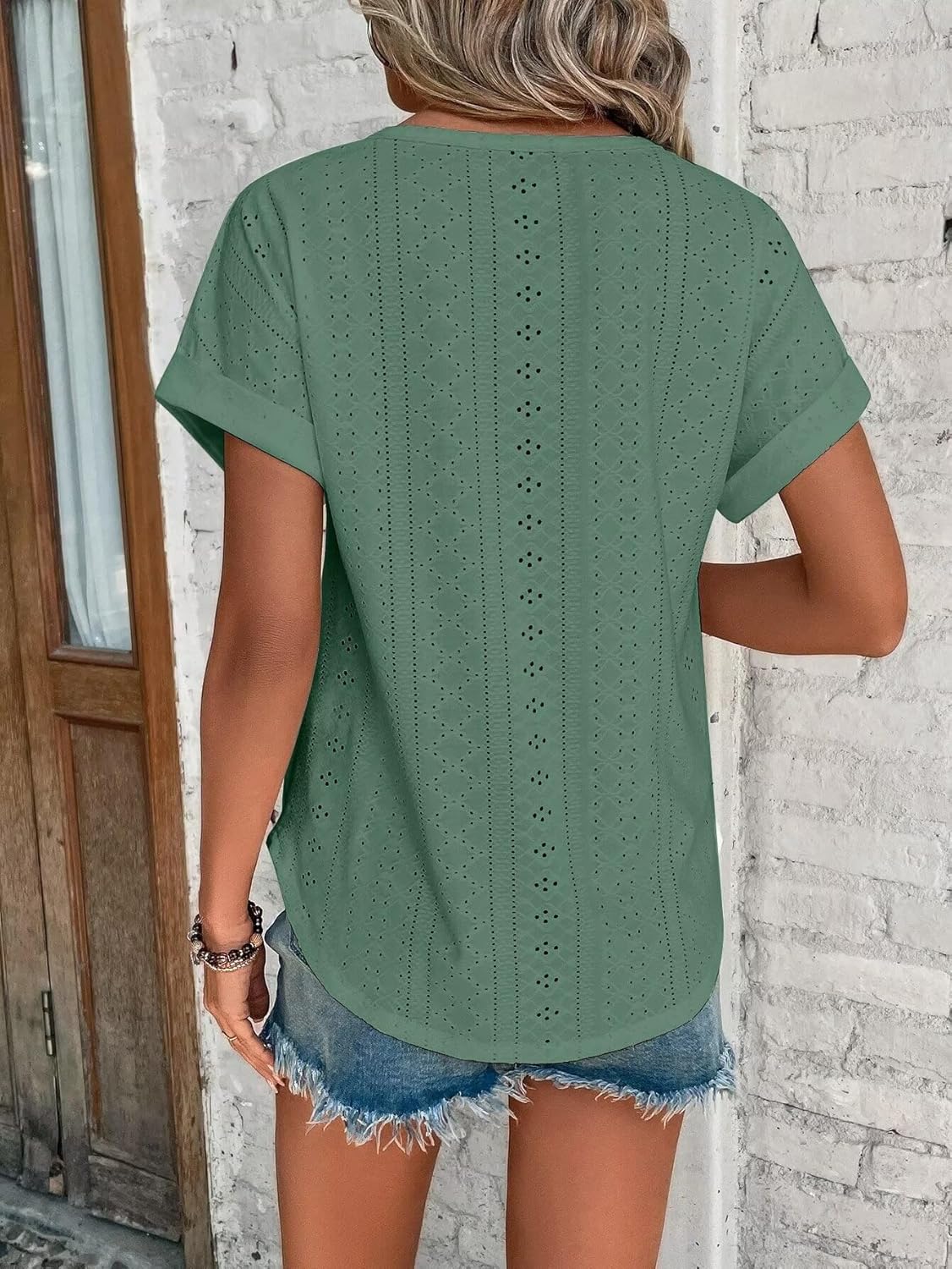 Womens Tops Eyelet Embroidery Summer Spring Curved Hem Short Sleeve Trendy T Shirts