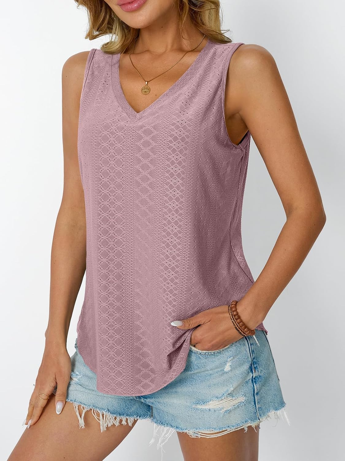 Womens Summer Tank Top Eyelet Embroidery V Neck Sleeveless Loose Fit Casual Shirt
