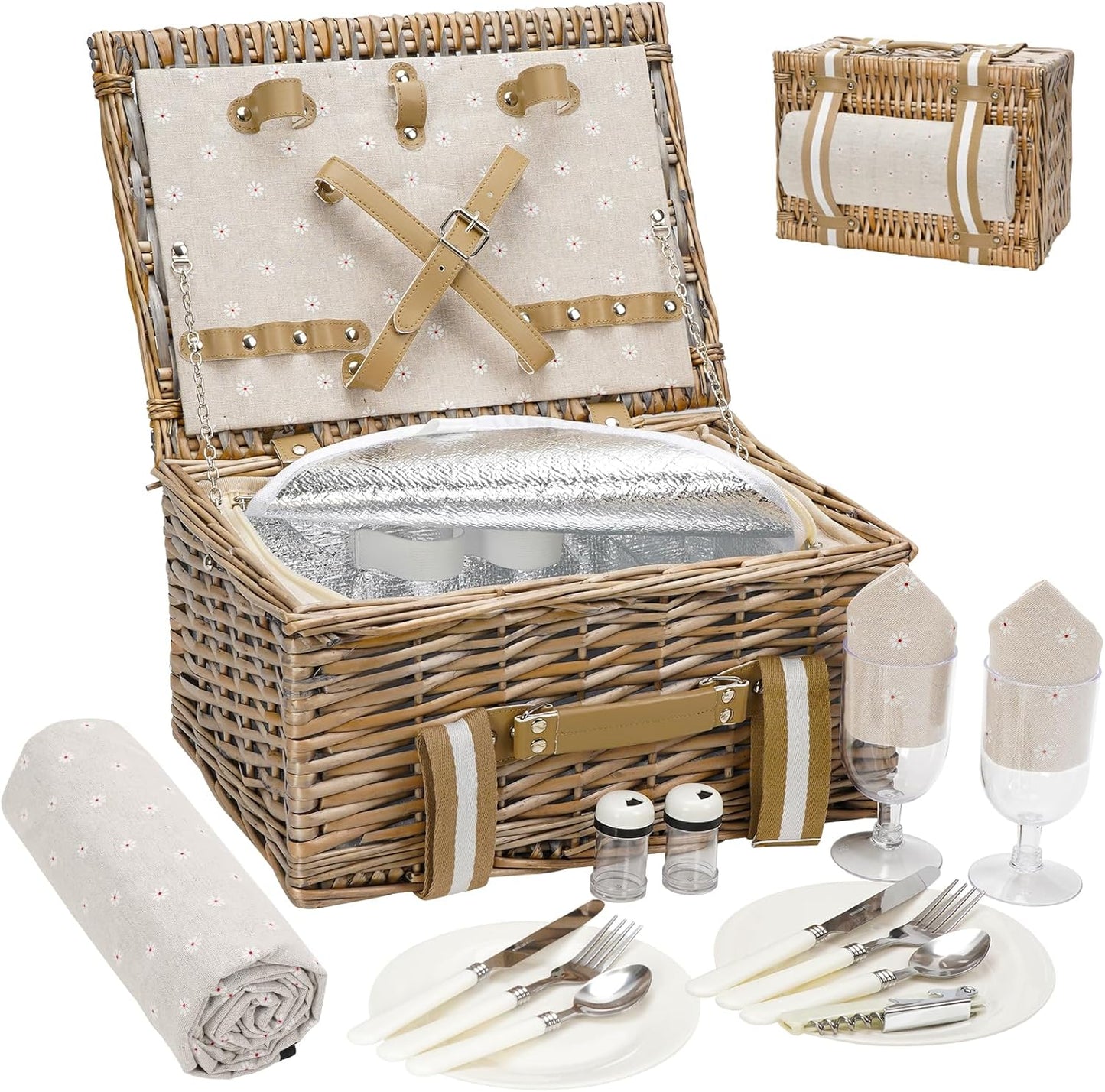 19Pcs Picnic Basket for 2 with Blanket