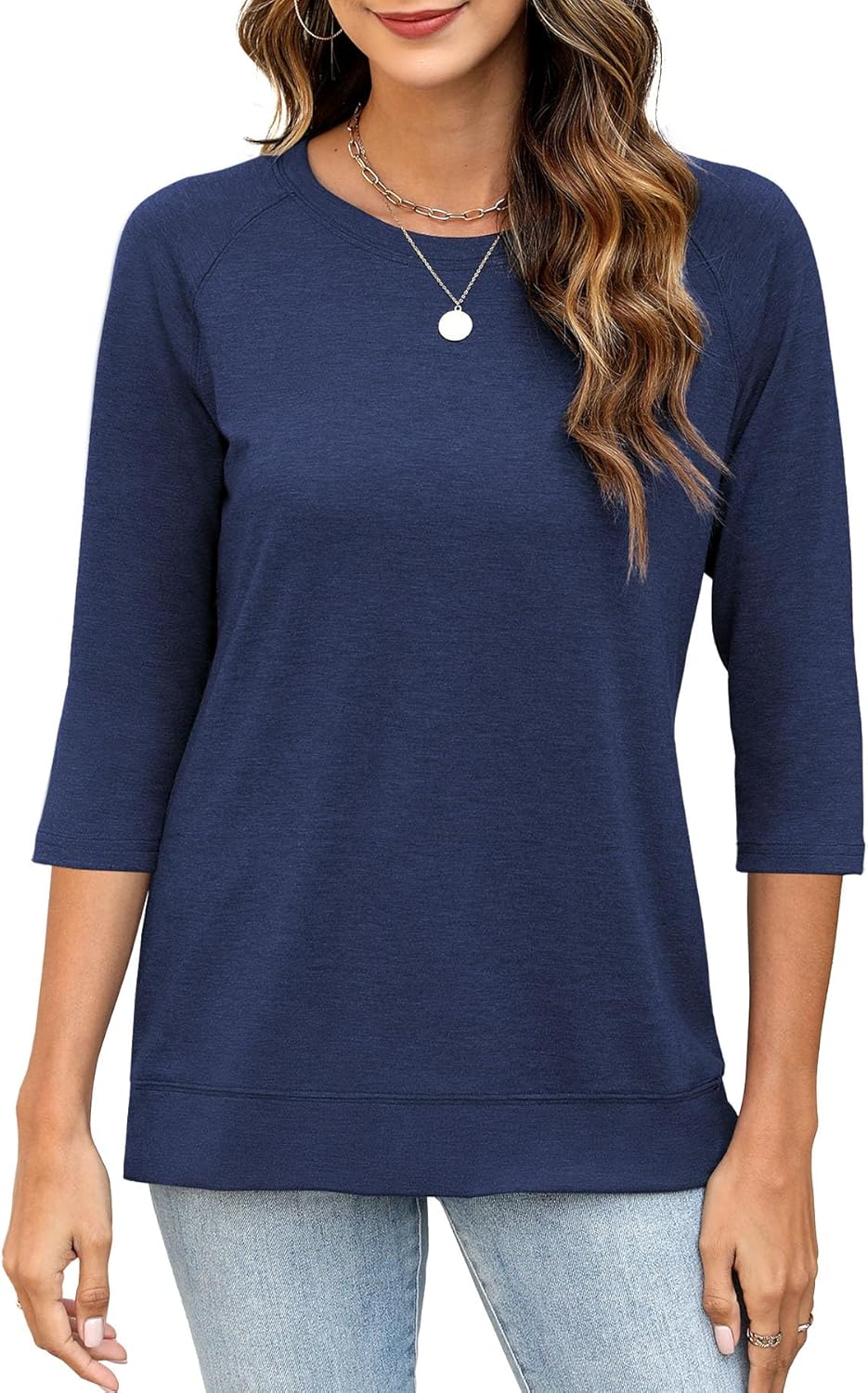 3/4 Sleeve Crew Neck Shirts Loose Fit Tunic Blouses Summer Tees