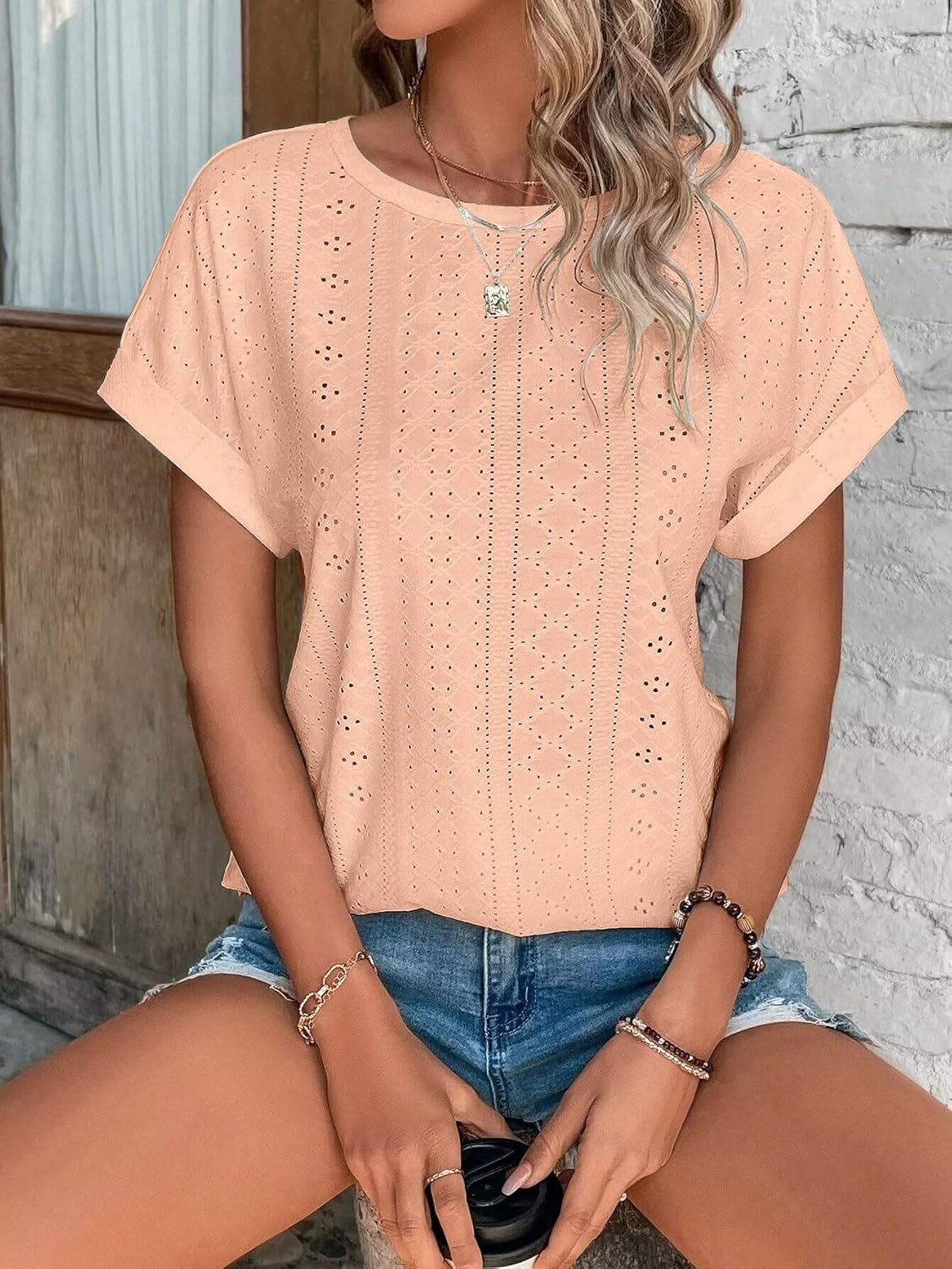 Womens Tops Eyelet Embroidery Summer Spring Curved Hem Short Sleeve Trendy T Shirts
