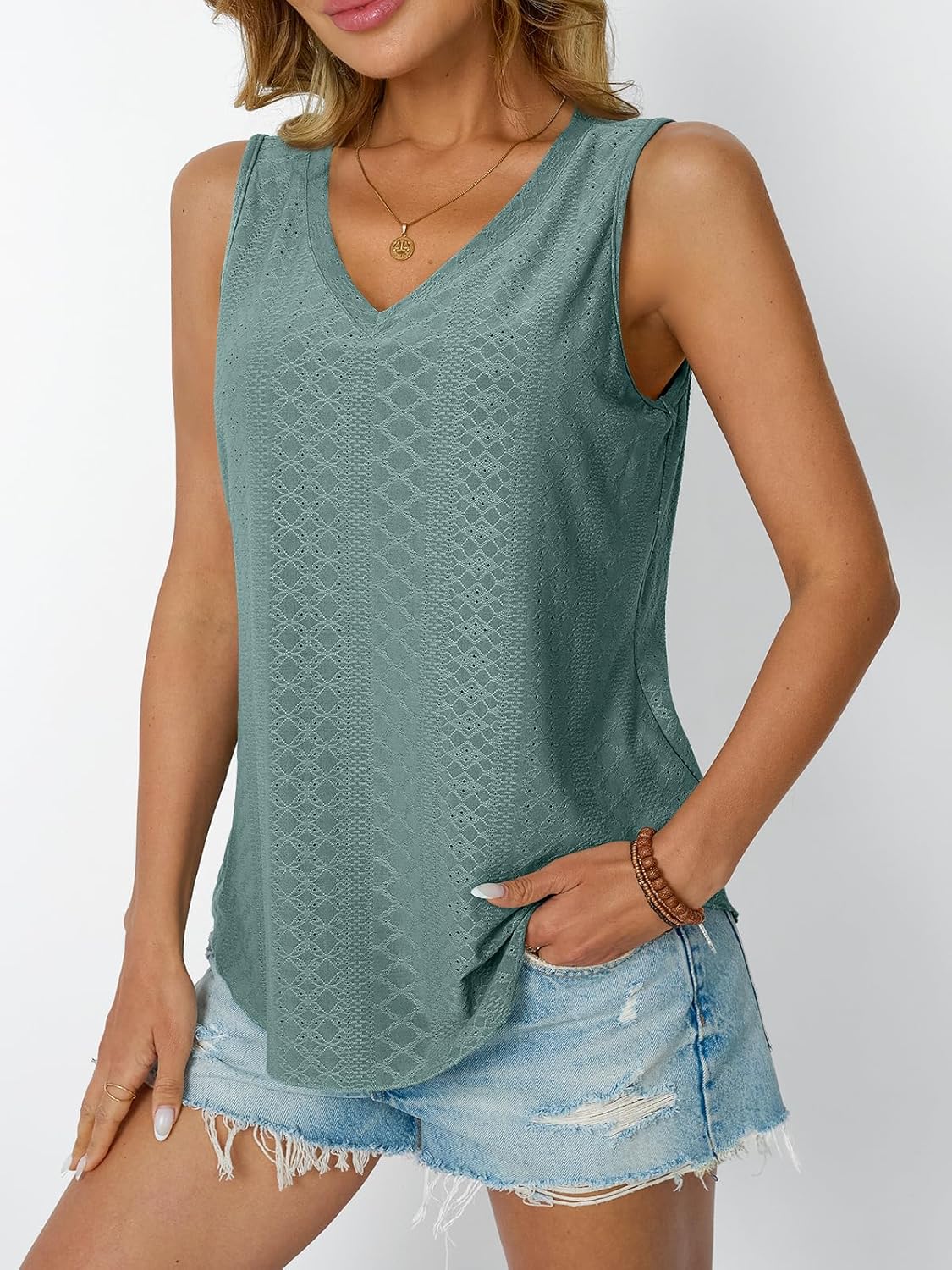 Womens Summer Tank Top Eyelet Embroidery V Neck Sleeveless Loose Fit Casual Shirt
