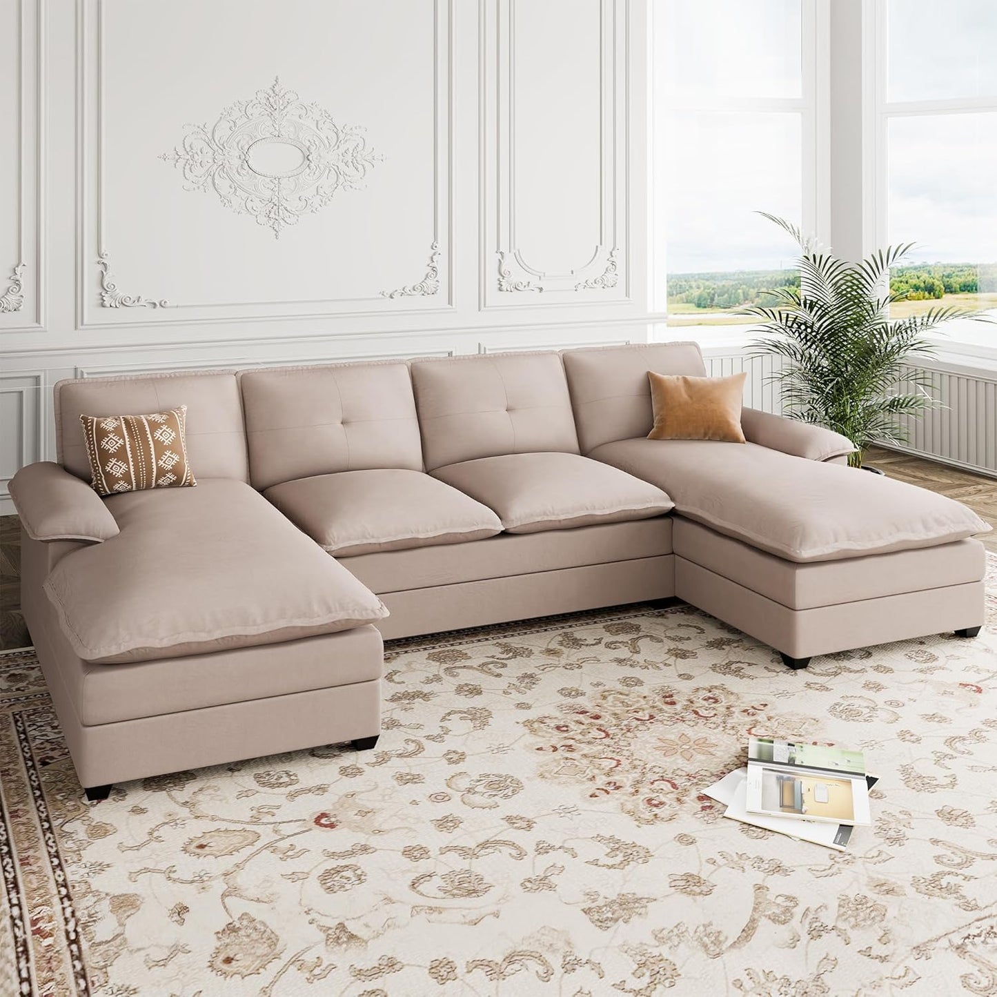 110 Inch U Shaped Sectional Sofa with Double Chaise Black