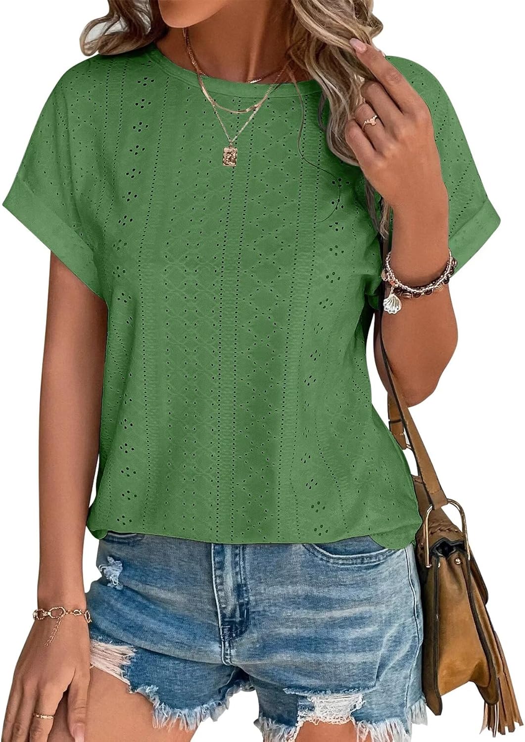 Womens Tops Eyelet Embroidery Summer Spring Curved Hem Short Sleeve Trendy T Shirts