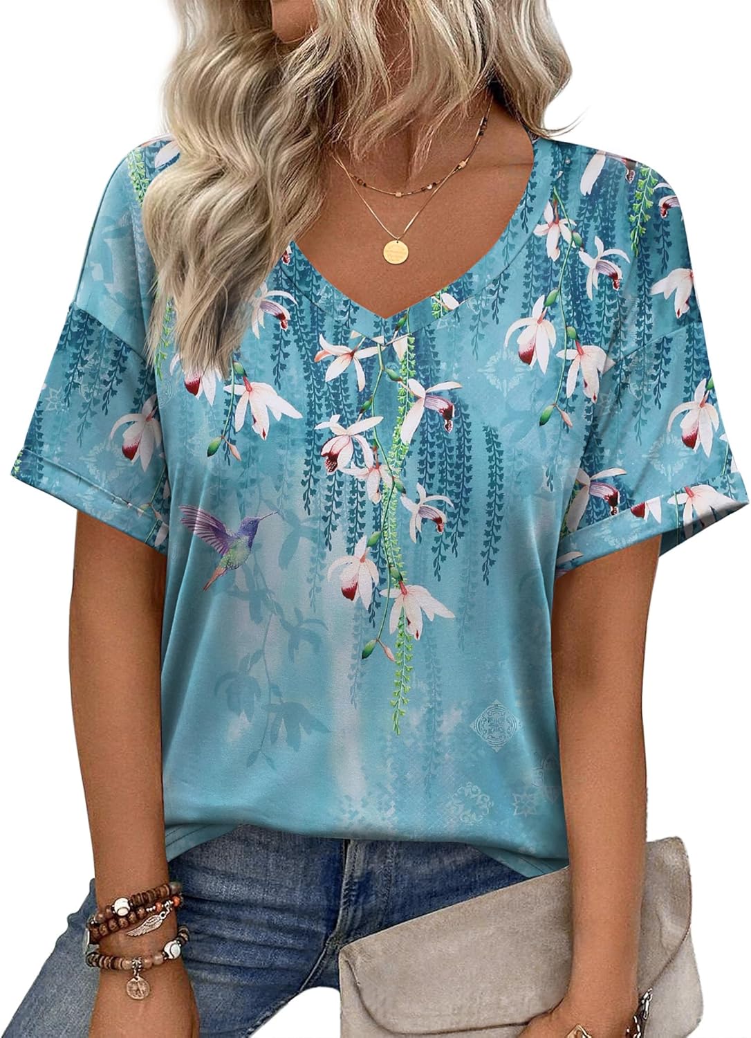 Short Sleeve Casual Shirts Floral Tee Basics V Neck Plain T-shirt