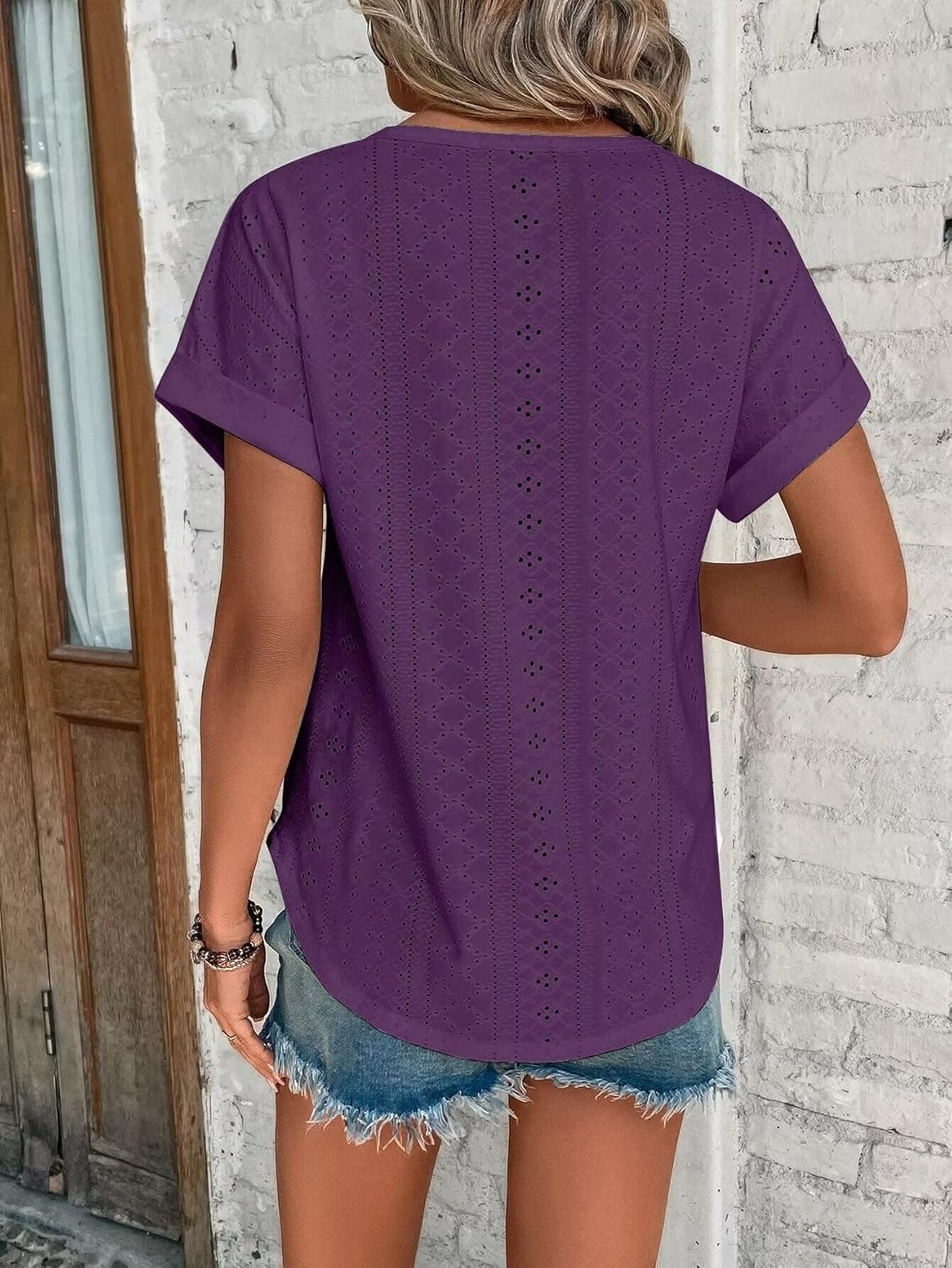 Womens Tops Eyelet Embroidery Summer Spring Curved Hem Short Sleeve Trendy T Shirts