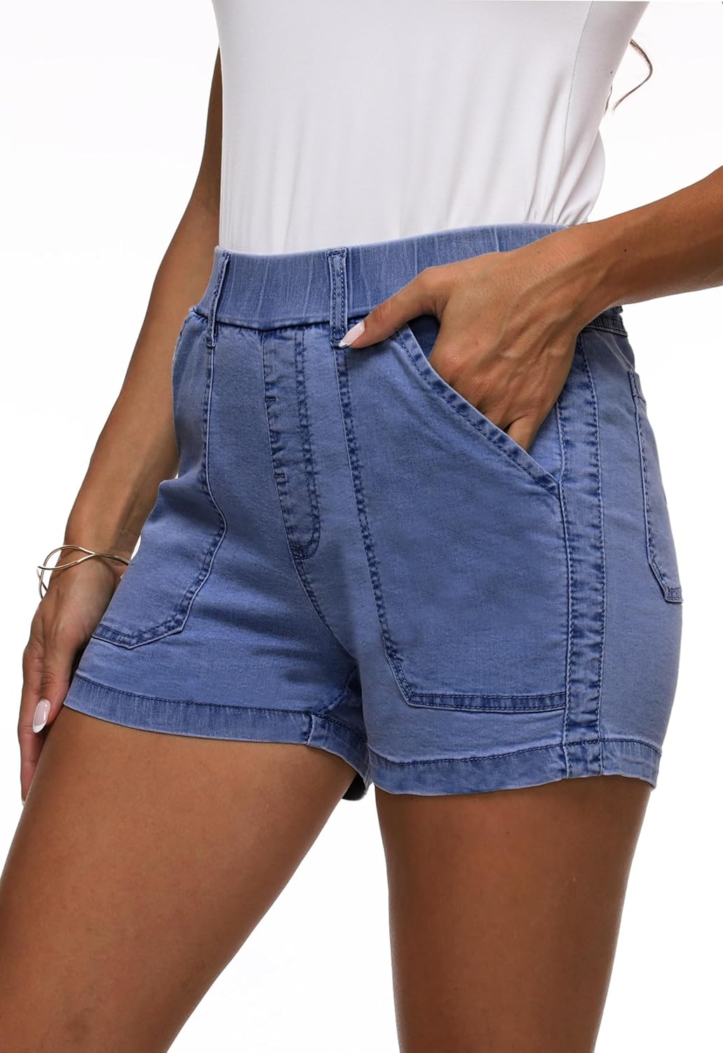 Womens Jean Shorts High Waisted Summer Cotton Elastic Waist Denim Shorts with Pockets