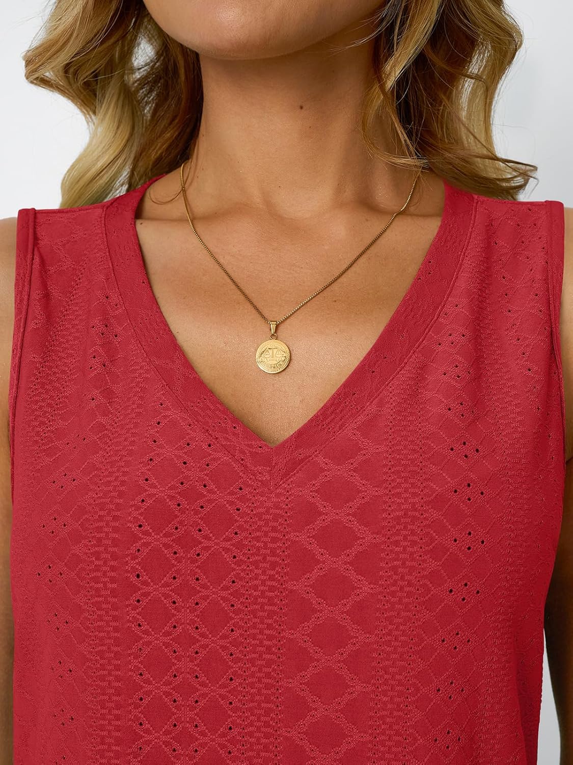 Womens Summer Tank Top Eyelet Embroidery V Neck Sleeveless Loose Fit Casual Shirt