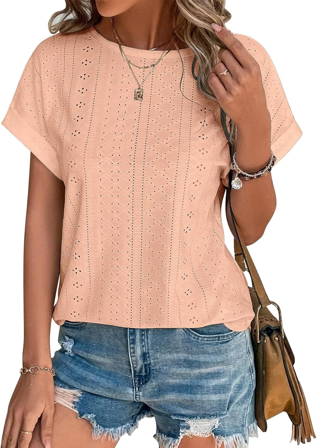 Womens Tops Eyelet Embroidery Summer Spring Curved Hem Short Sleeve Trendy T Shirts