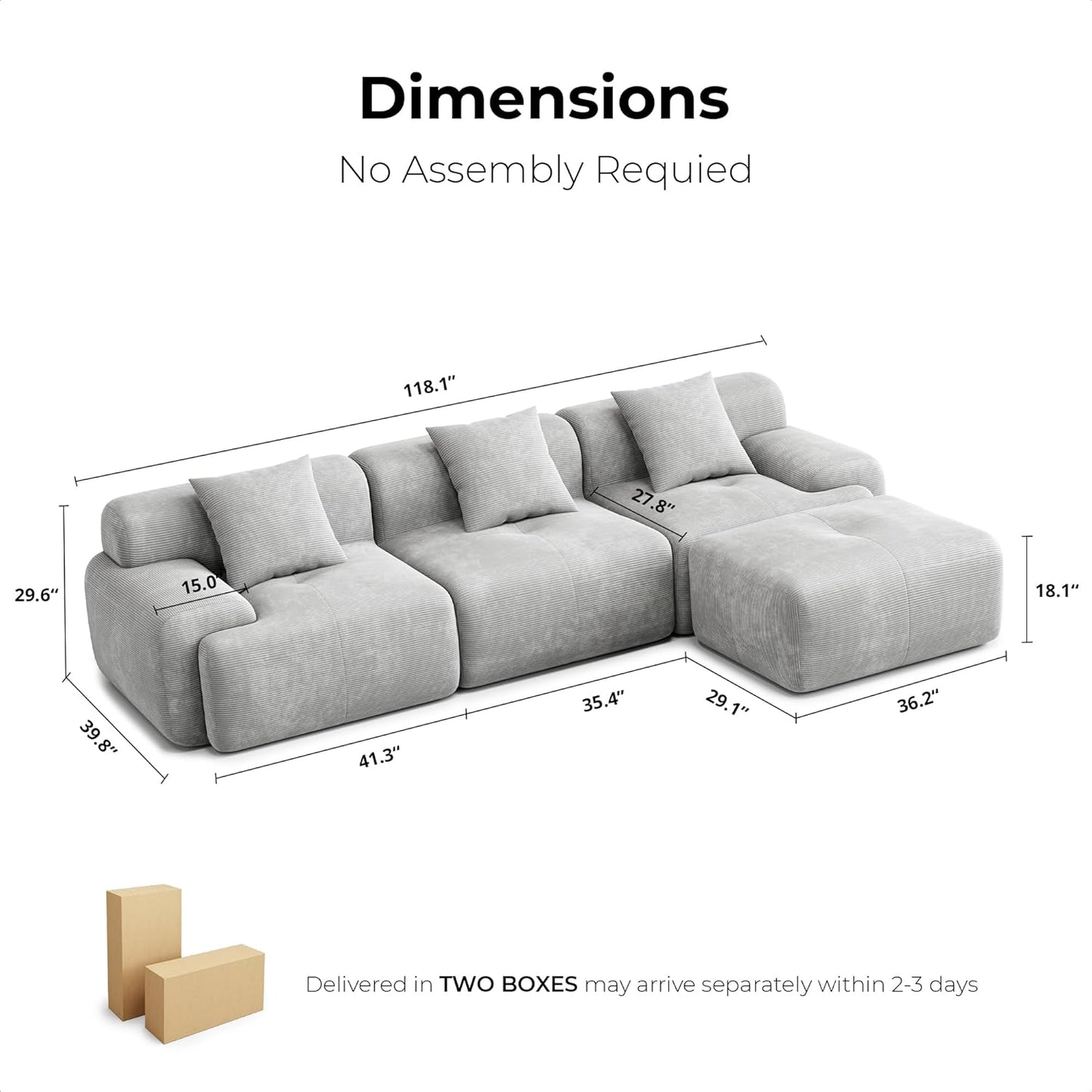 118 Inch L Shaped Modular Sofa with Ottoman Corduroy Beige
