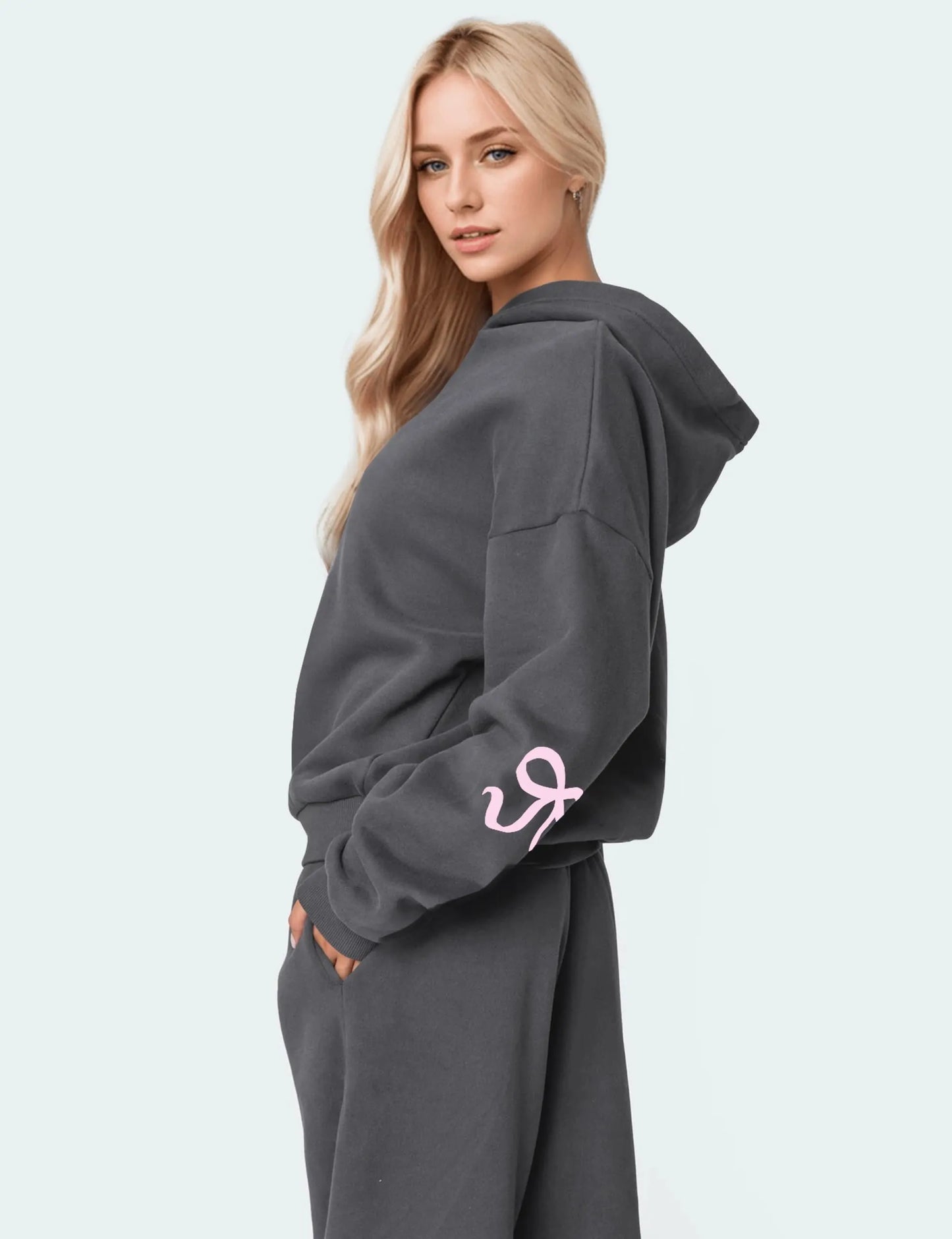 Women's 2 Piece Outfits Bow Trim Print Hoodie Sweatsuit Sets