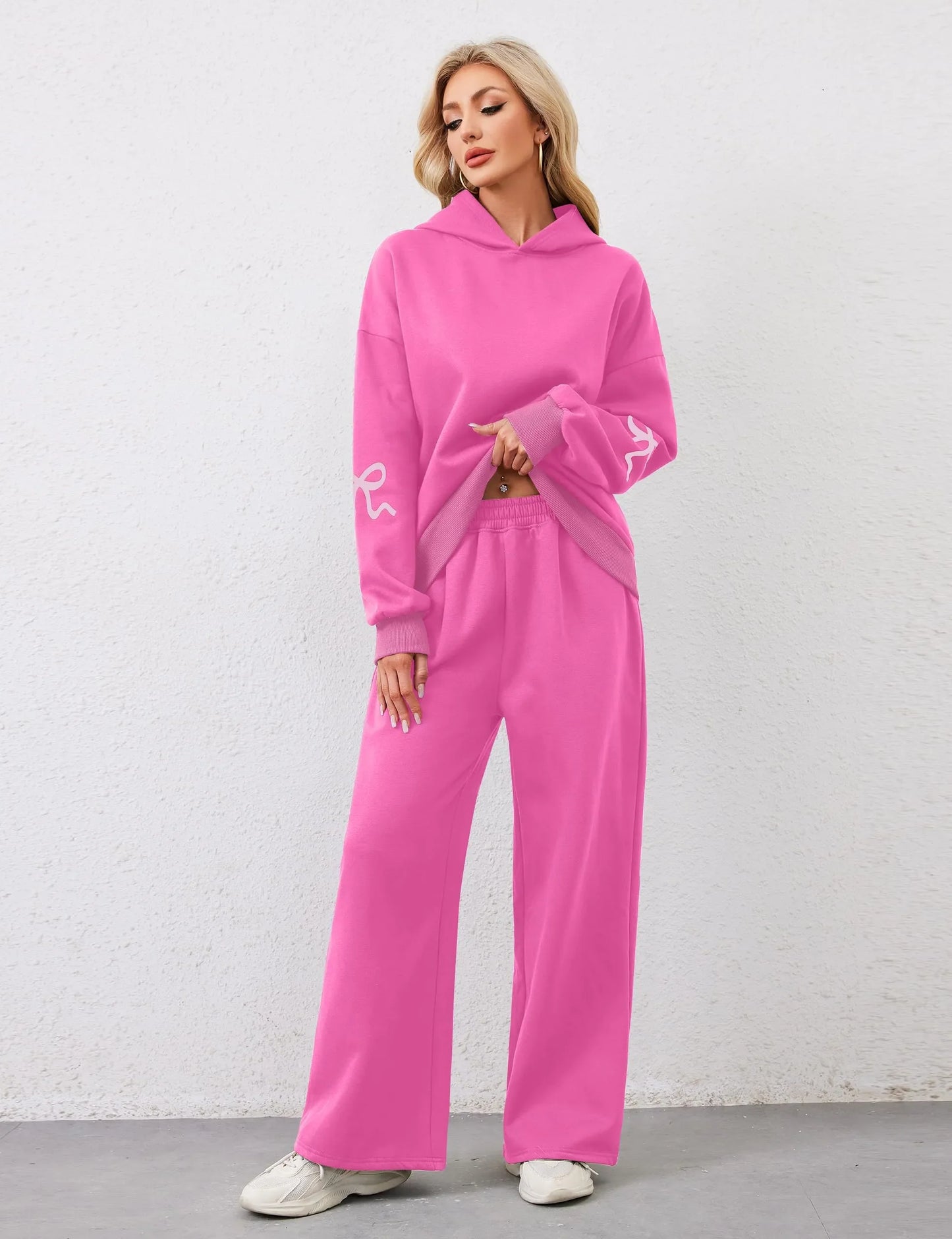 Women's 2 Piece Outfits Bow Trim Print Hoodie Sweatsuit Sets