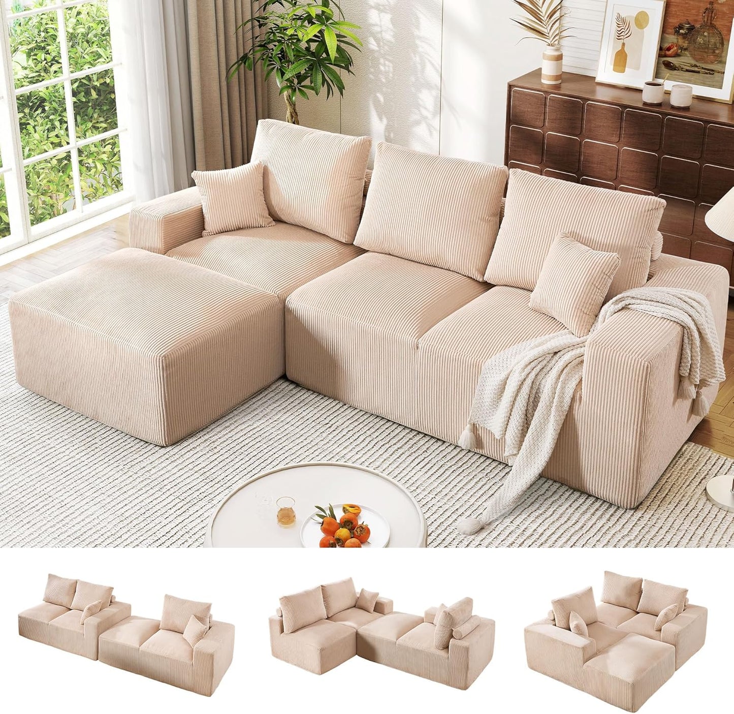108" Green Corduroy Cloud Sectional Sofa with Chaise
