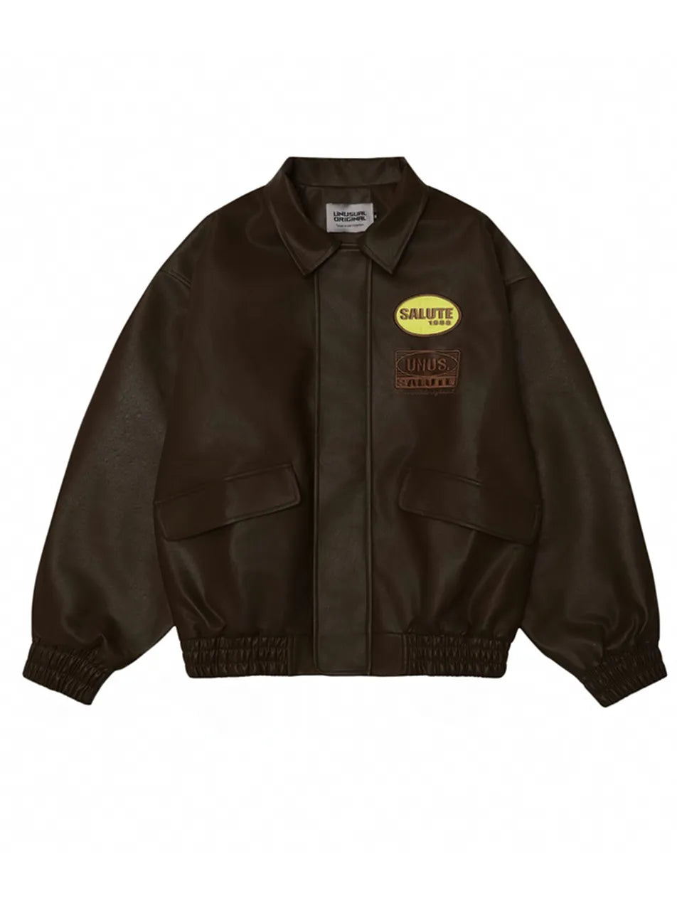 Men's Letter Embroidery Polo PU Leather Jacket