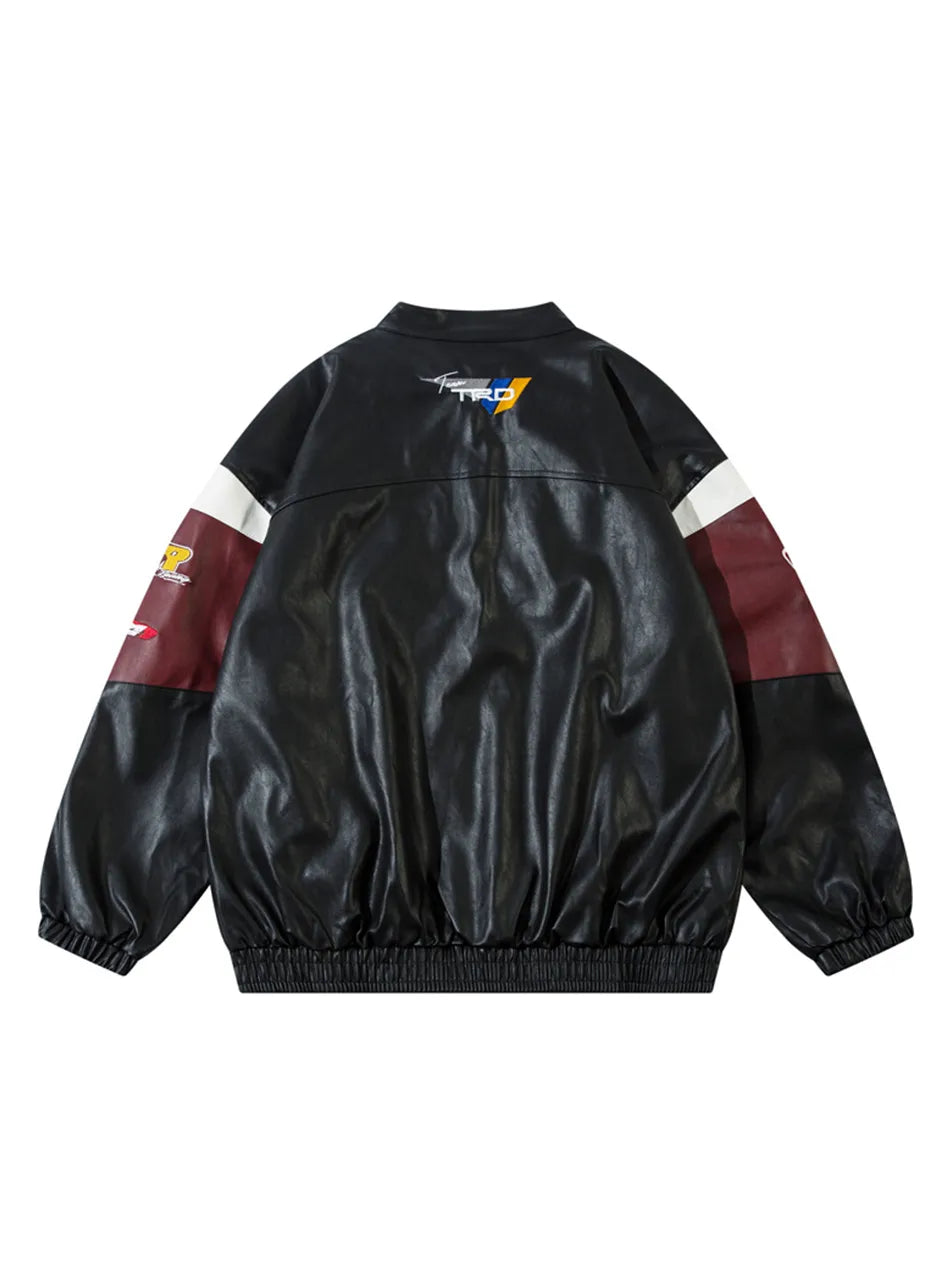 Patchwork Letter Embroidery PU Leather Jacket for Women