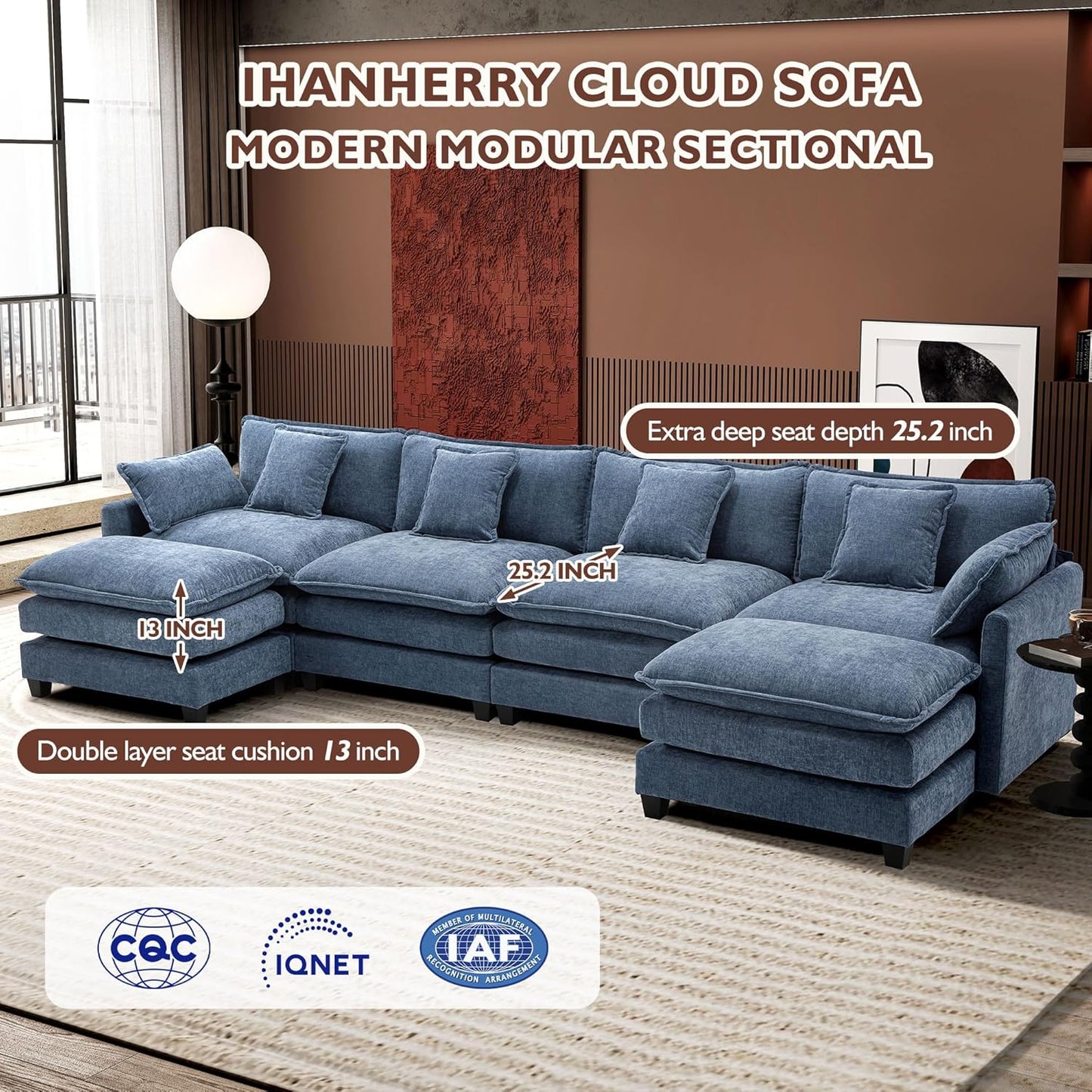 146" U-Shaped Modern Sofa Modular Sectional Cloud Couch