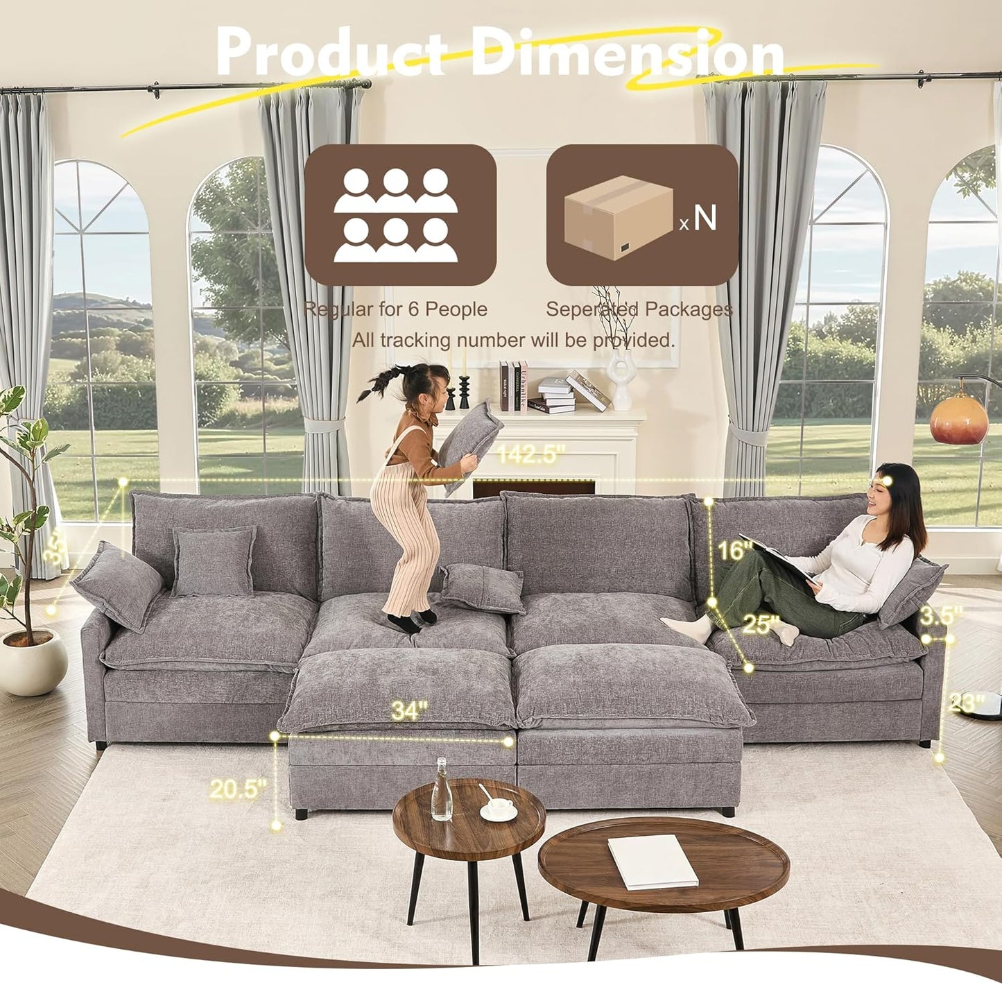108" U Shaped Couch Modular Sectional Sofa