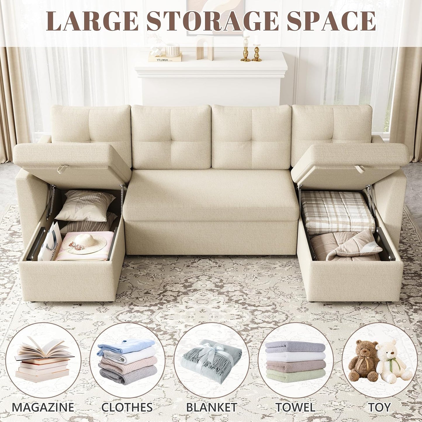 2-in-1 Oversized Sectional Sofa Bed 110" Pull-Out Couch with Storage Chaise Dark Grey