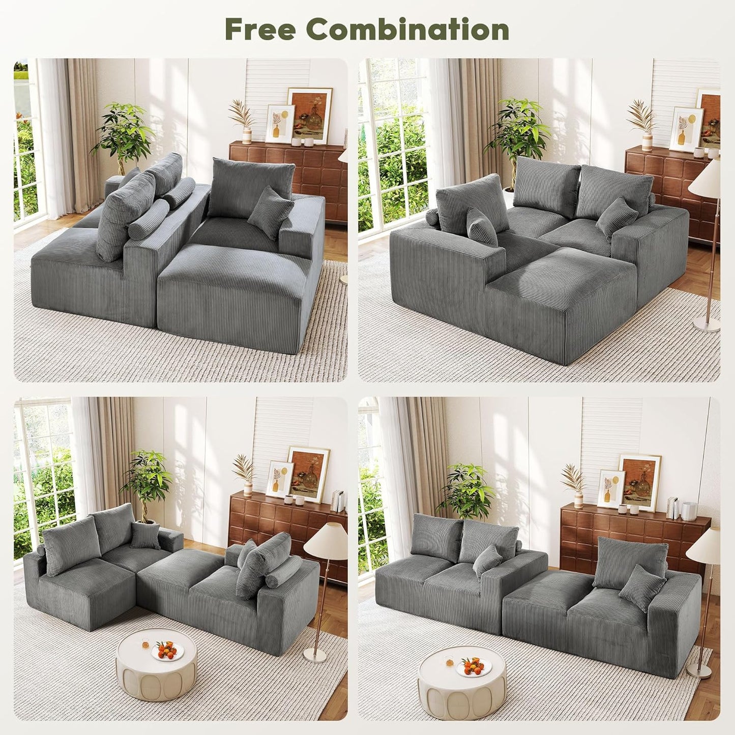108 Inch Corduroy Cloud Sectional Sofa with Chaise Green