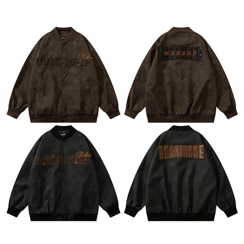 Embroidered Retro Distressed PU Bomber Jacket for Men