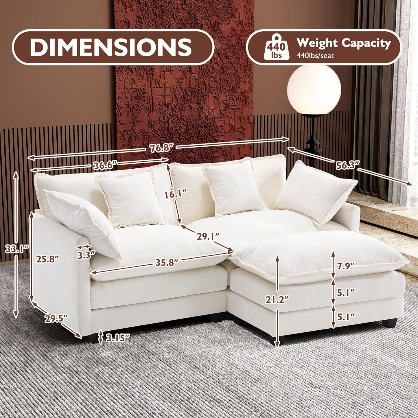 146" U-Shaped Modern Sofa Modular Sectional Cloud Couch