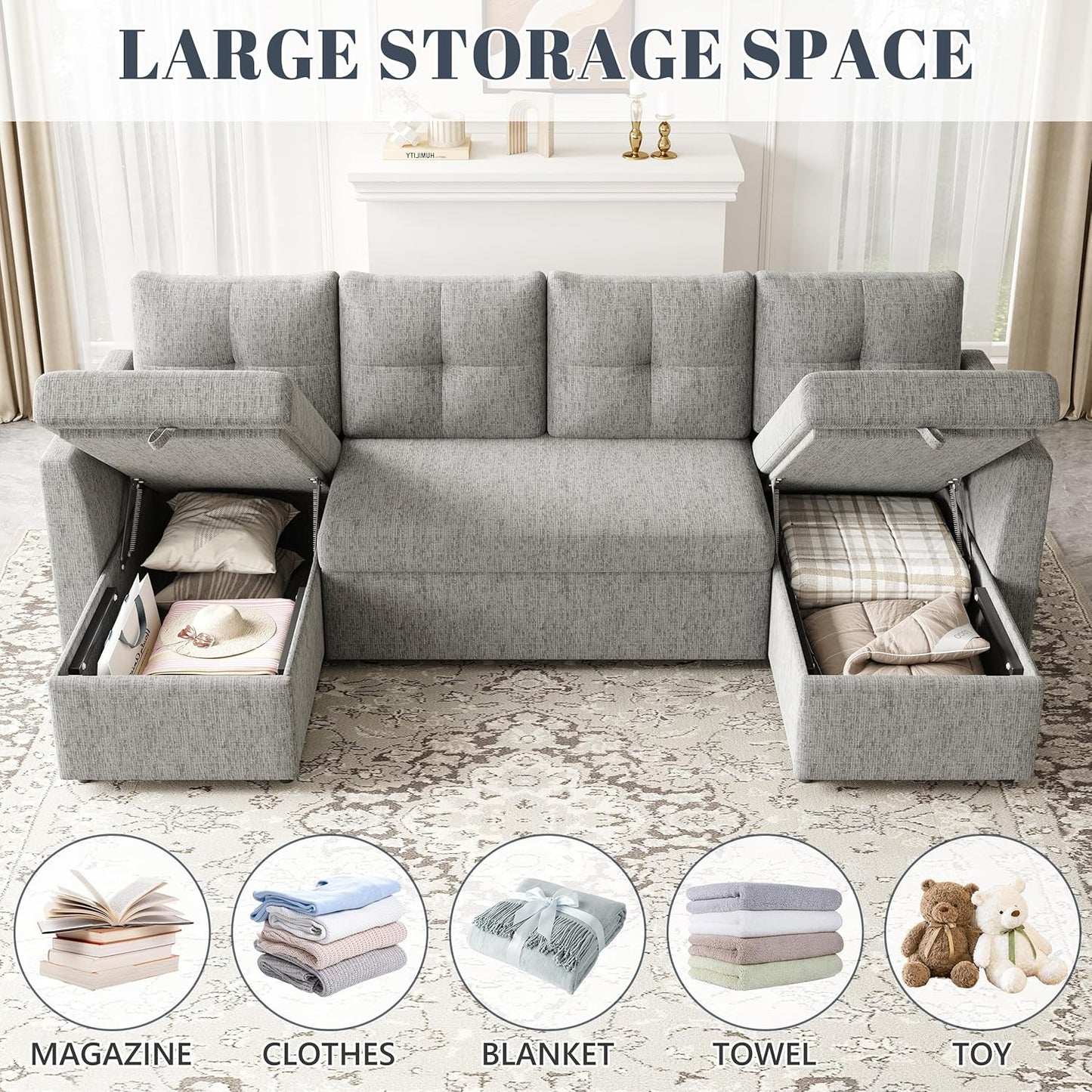 2-in-1 Oversized Sectional Sofa Bed 110" Pull-Out Couch with Storage Chaise Dark Grey