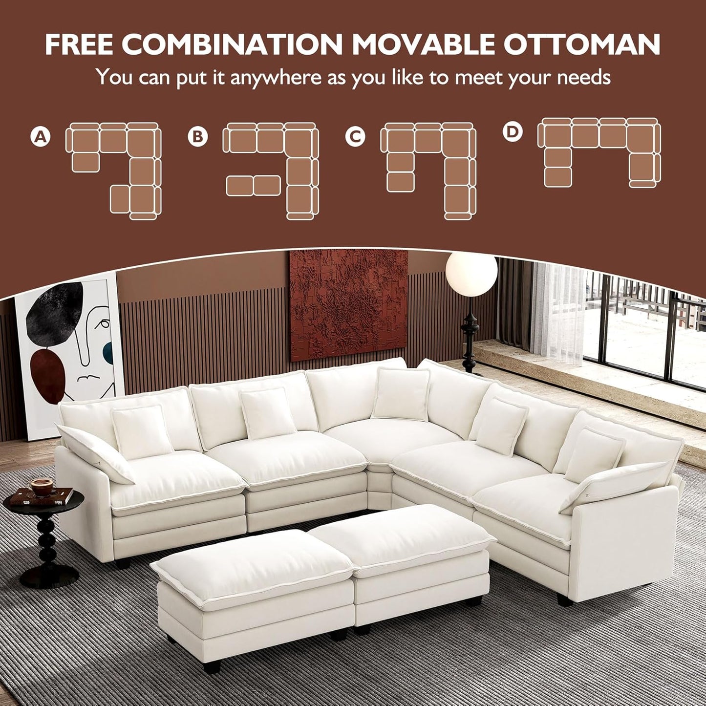 146" U-Shaped Modern Sofa Modular Sectional Cloud Couch
