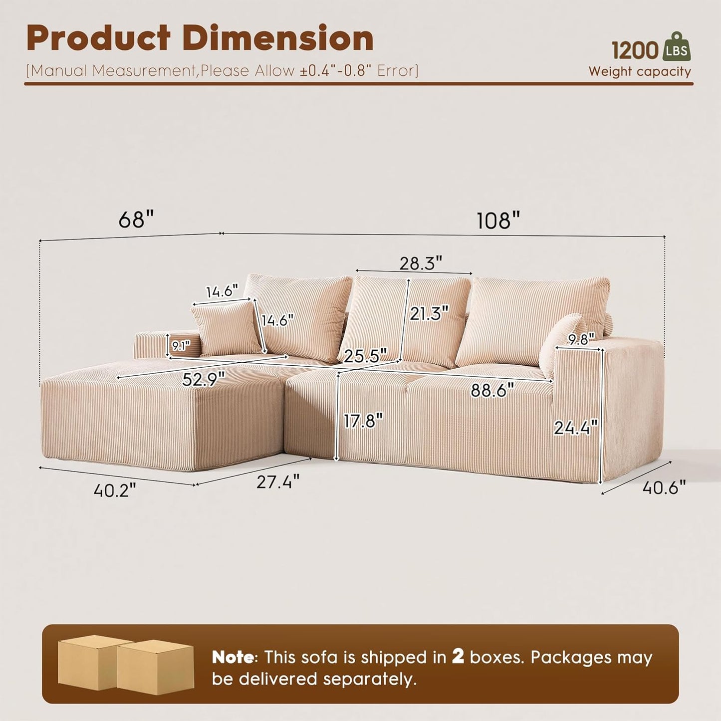 108 Inch Corduroy Cloud Sectional Sofa with Chaise Green