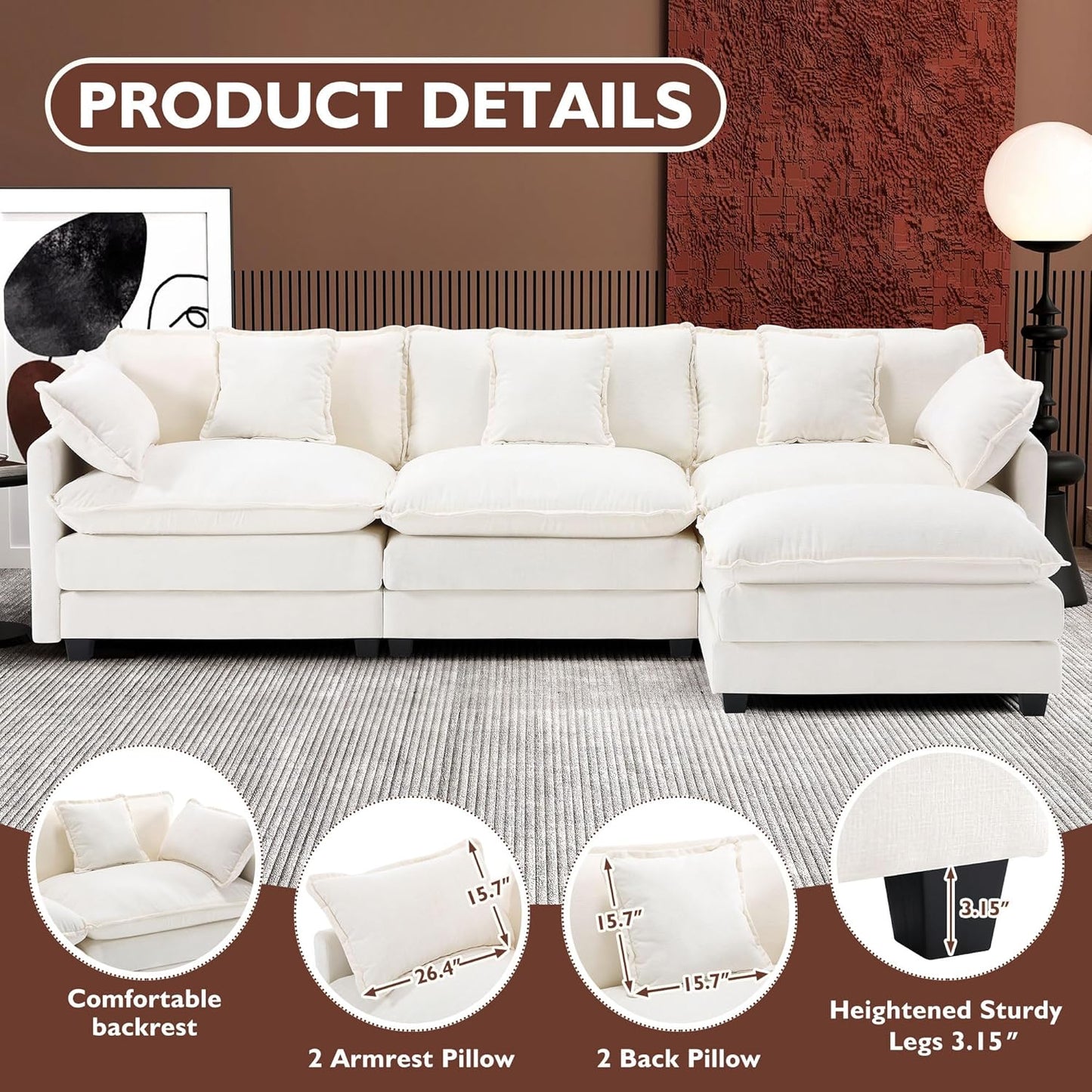 146" U-Shaped Modern Sofa Modular Sectional Cloud Couch
