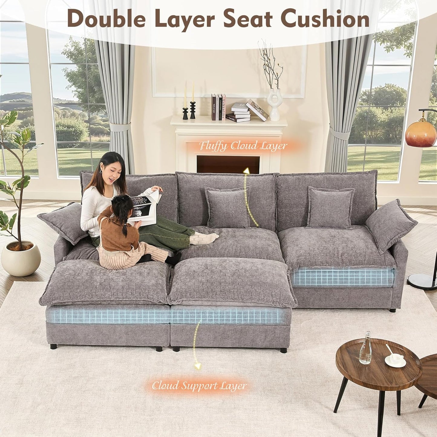 108" U Shaped Couch Modular Sectional Sofa