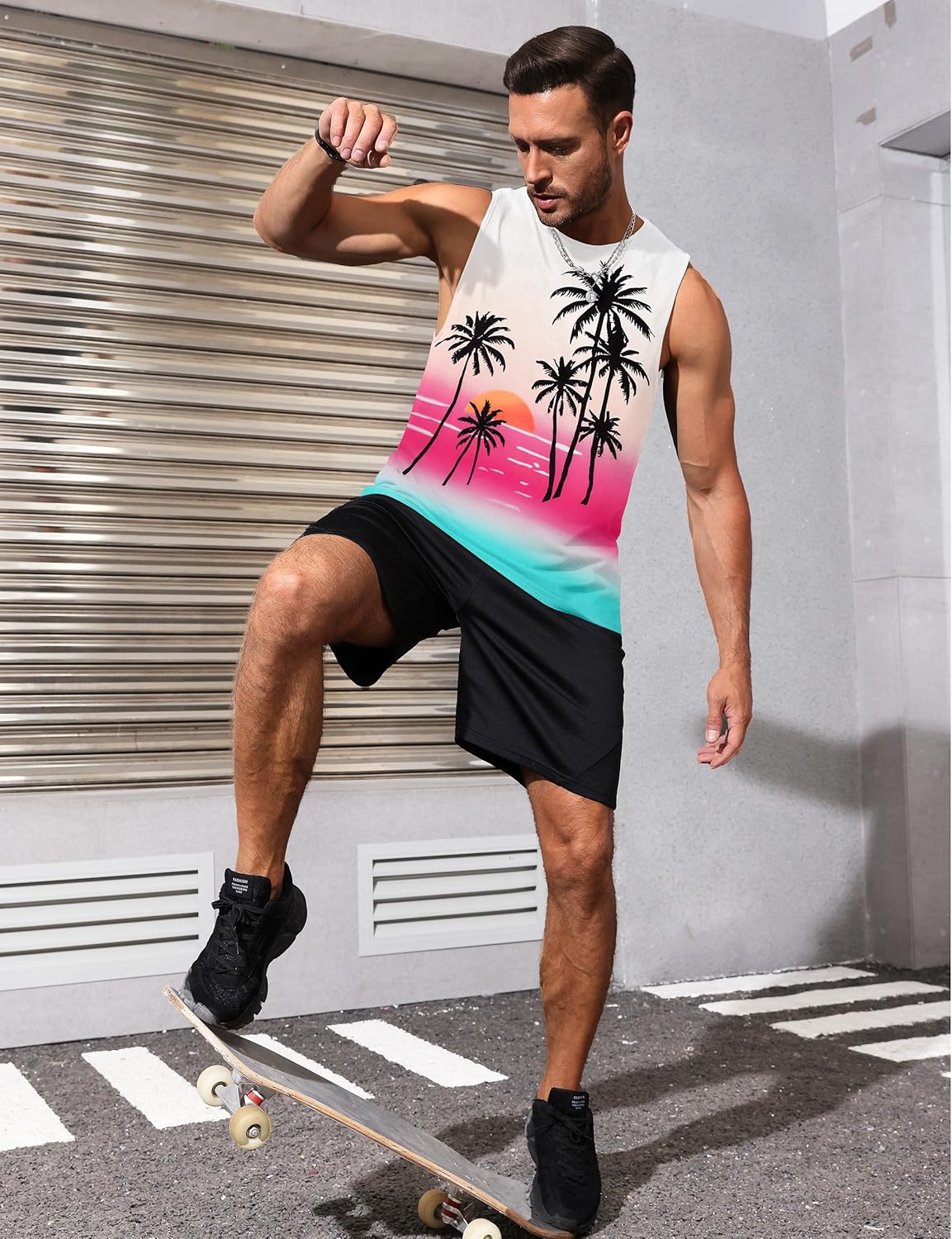 Mens Tank Tops Beach Summer Sleeveless Shirts Graphic Palm Tree Vacation