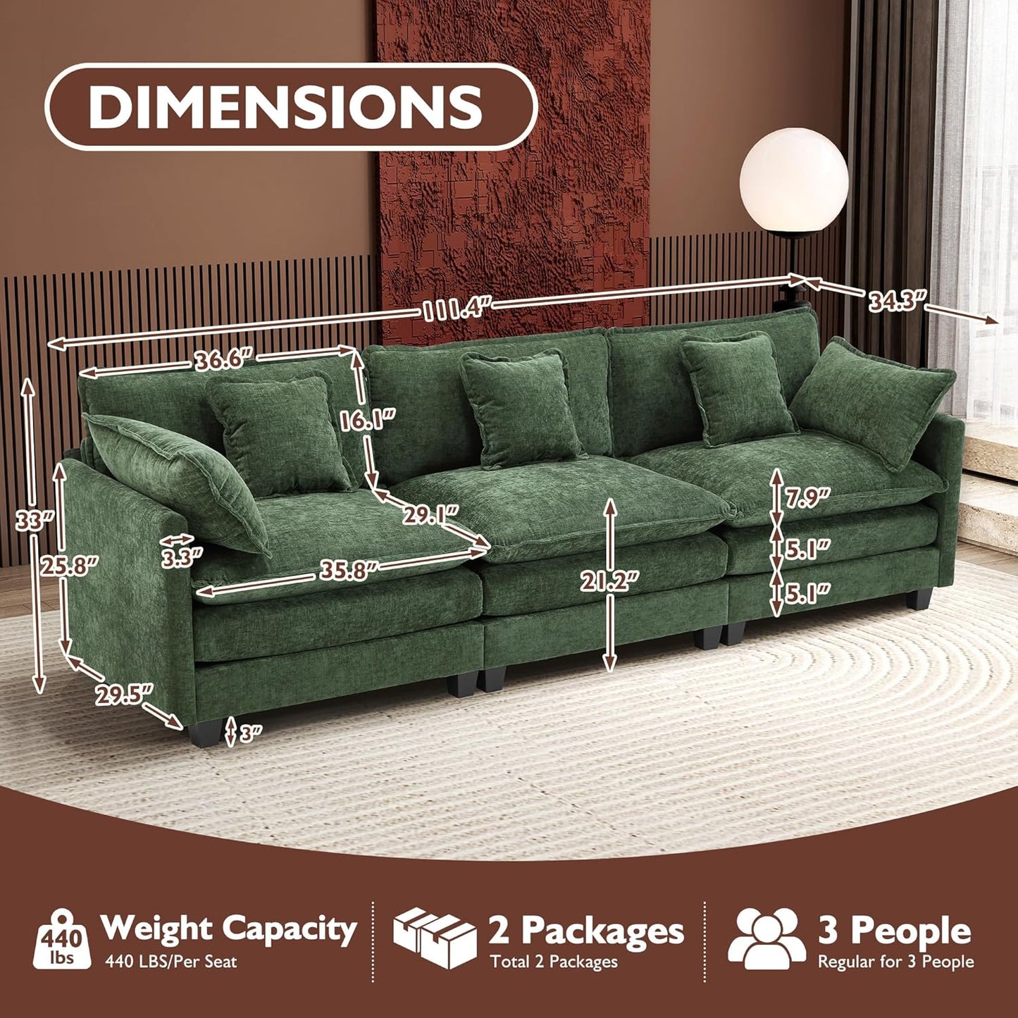 146" U-Shaped Modern Sofa Modular Sectional Cloud Couch